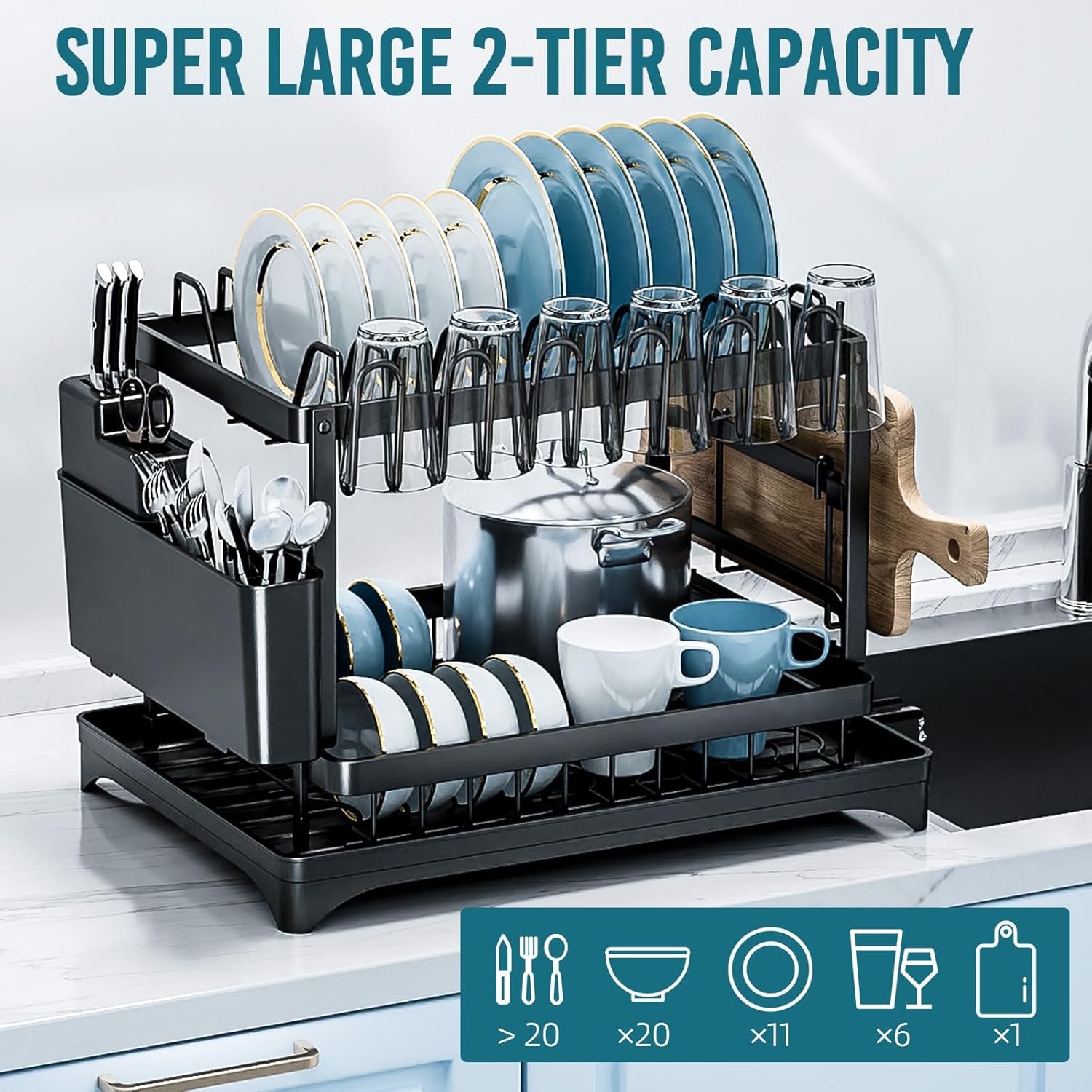 TAILI Escurridor de platos para encimera de cocina con escurridor, escurridor grande de 2 niveles y escurridor con soporte para cubiertos