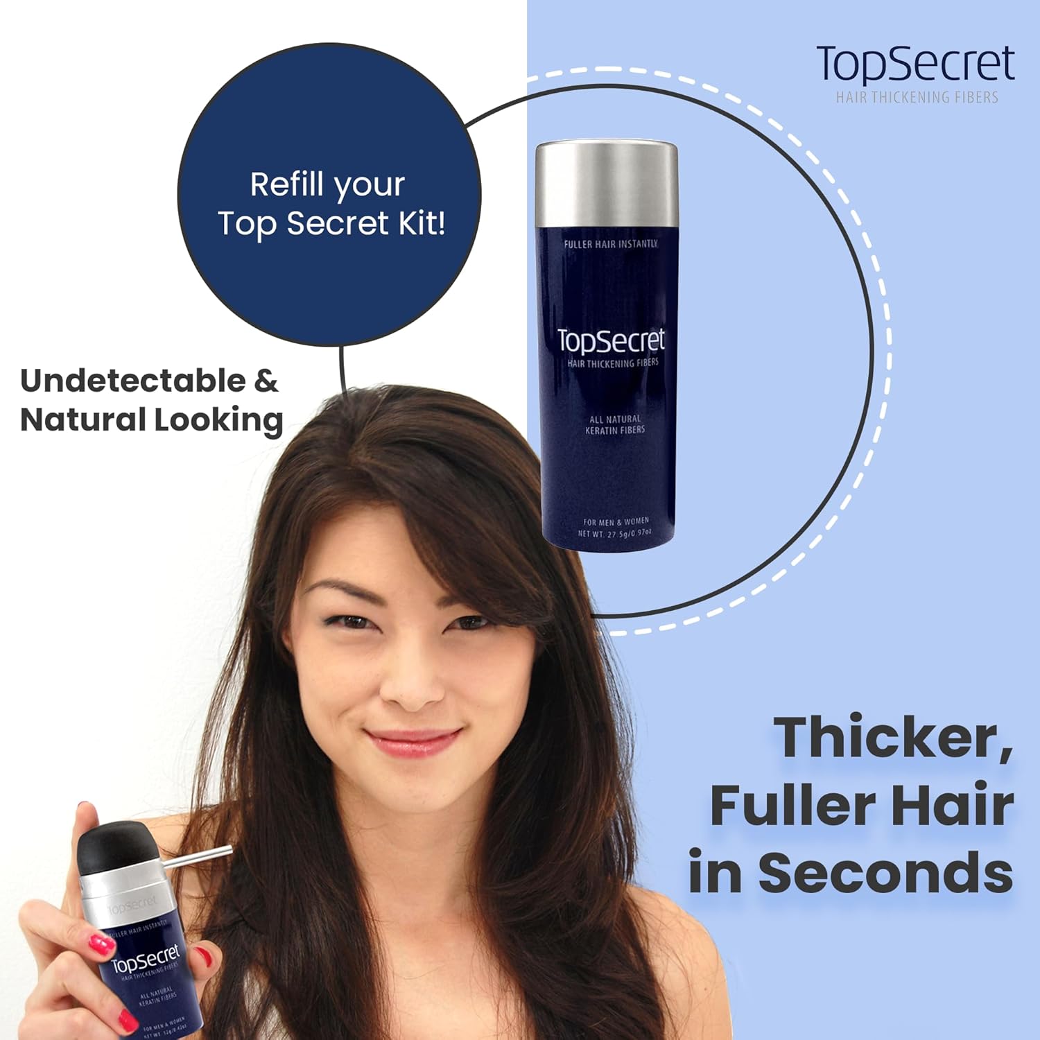 Top Secret Recambios de fibras de construcción para engrosar el cabello, relleno de cabello natural e indetectable, para hombres y mujeres, rellena
