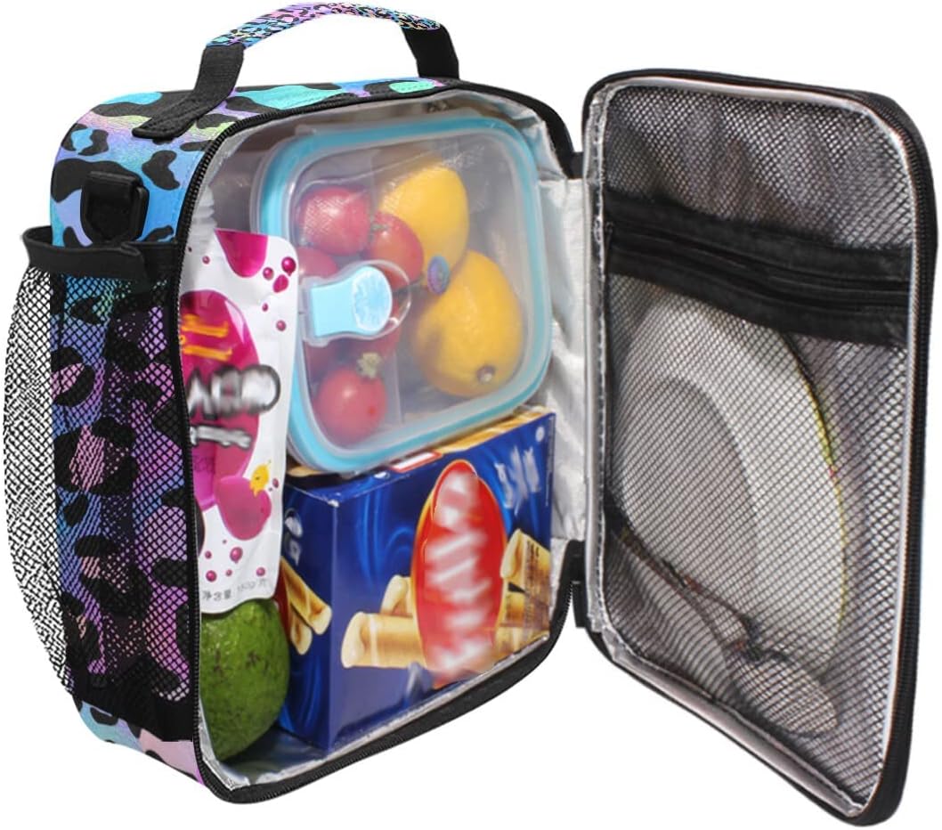 MNSRUU Bolsas de almuerzo para niños y niñas, estudiantes, diseño de leopardo arcoíris, reutilizable, aislada, bolsa de almuerzo organizadora, kit