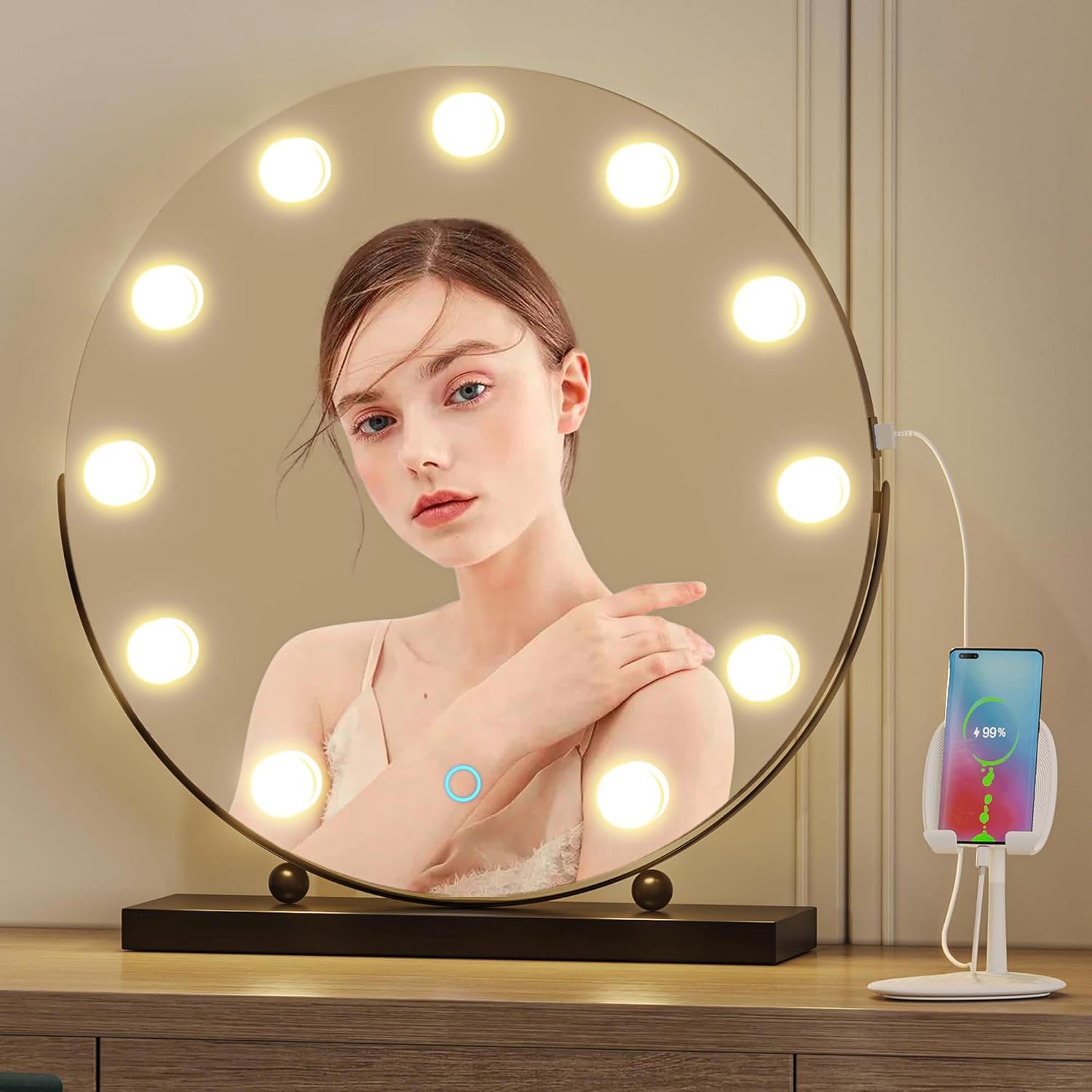 LVSOMT Hollywood Espejo de maquillaje con luces, espejo de maquillaje de 20 pulgadas con aumento de 10X, espejo LED redondo de rotación de 360 con