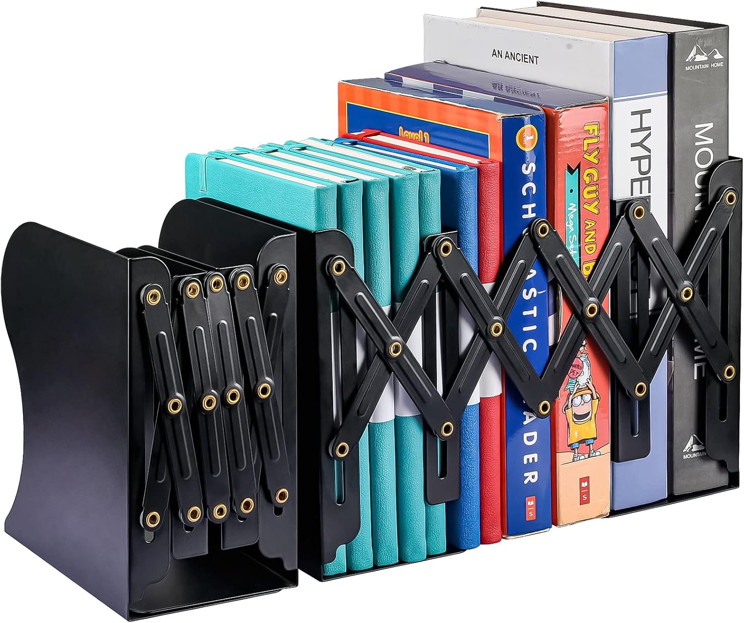 2 sujetalibros ajustables, extremos de metal para libros pesados, 2 divisores, soporte antideslizante para escritorio, estante, oficina, papelería,
