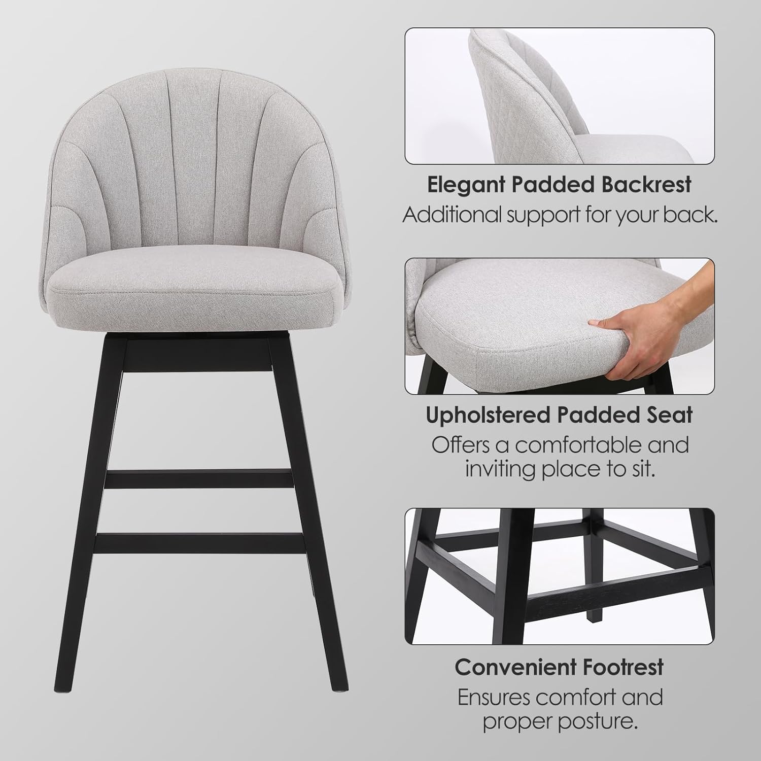 Juego de 2 taburetes de bar giratorios de altura de mostrador, 360 pulgadas de alto, sillas de comedor de tela de lino con patas de madera maciza,