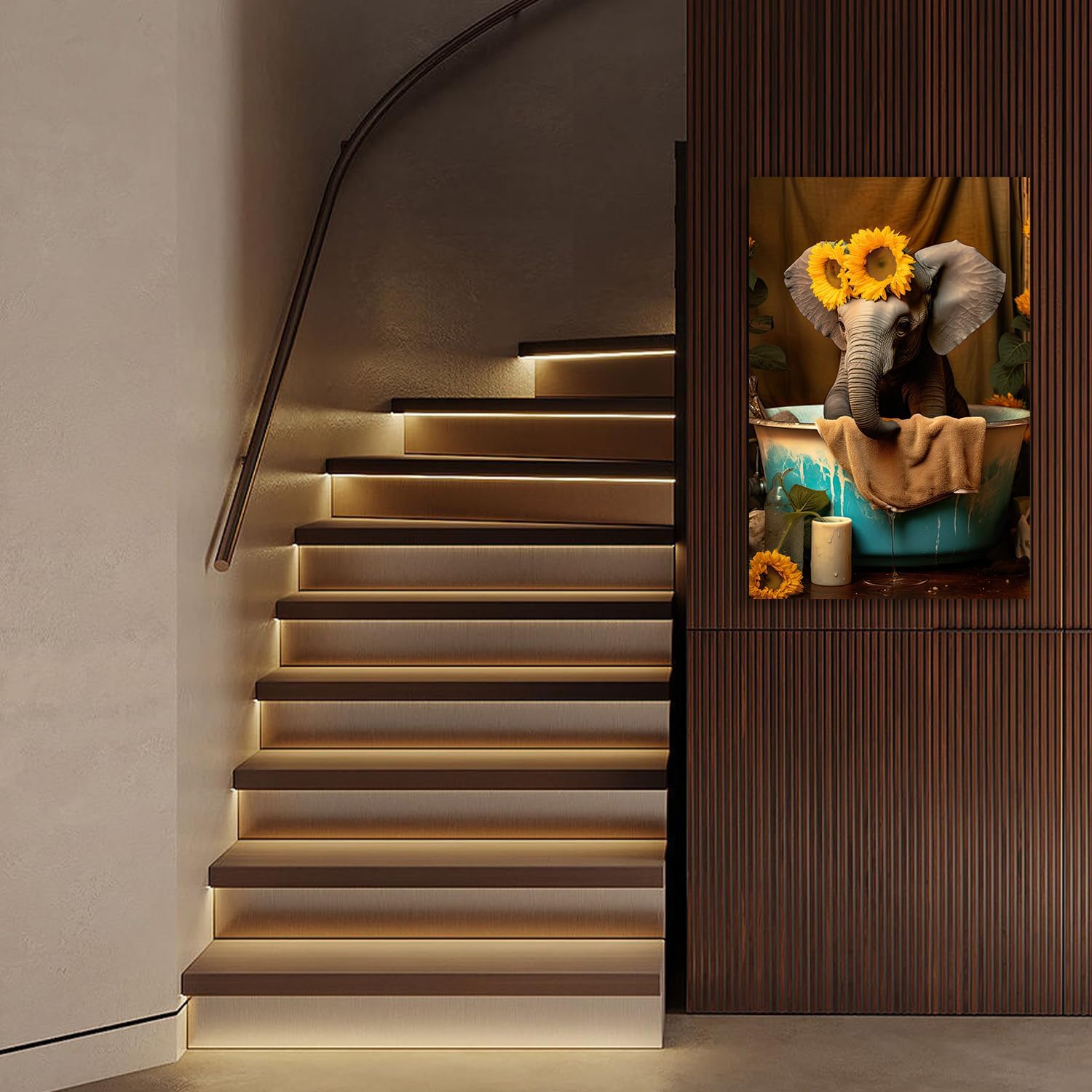 MOSTUNNA Creativity – Lienzo decorativo para baño, diseño de animales, divertido elefante y girasol amarillo en la bañera, decoración de pared,