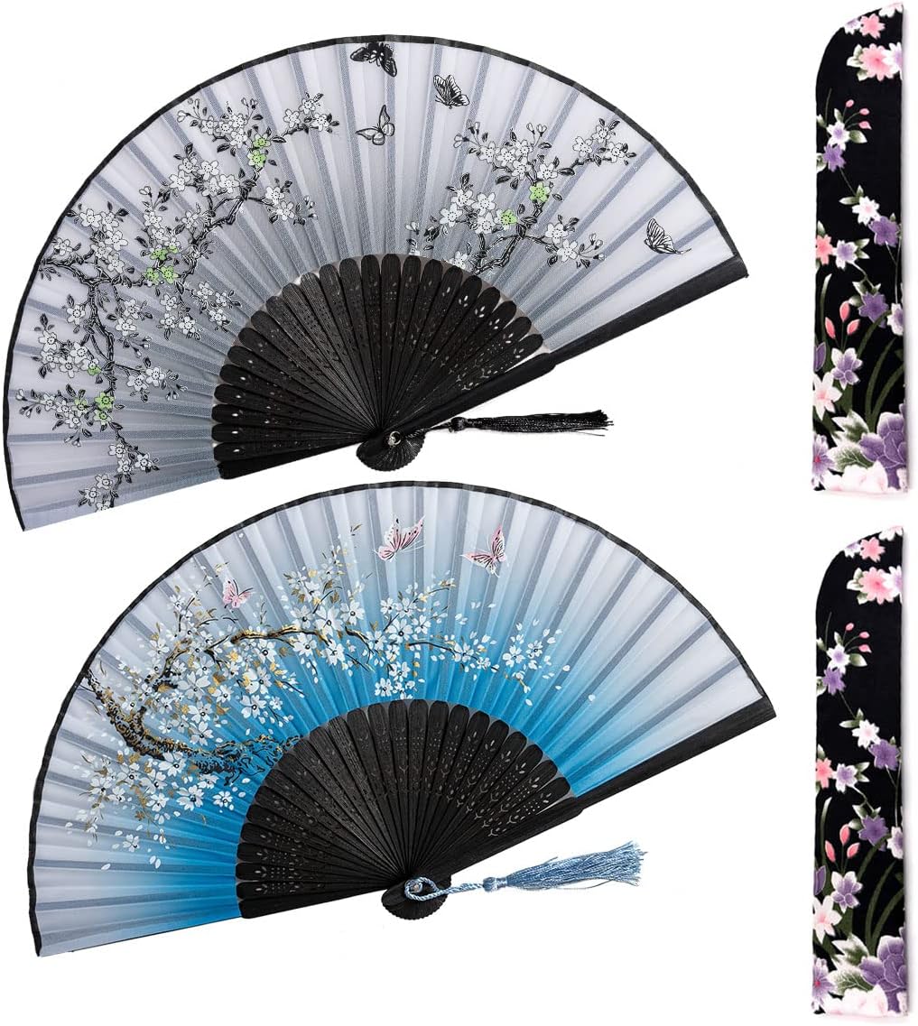 Amajiji Pequeños abanicos de mano plegables, mantente fresco y elegante con abanicos de seda de mano de bambú, perfectos para sofocos, festivales de