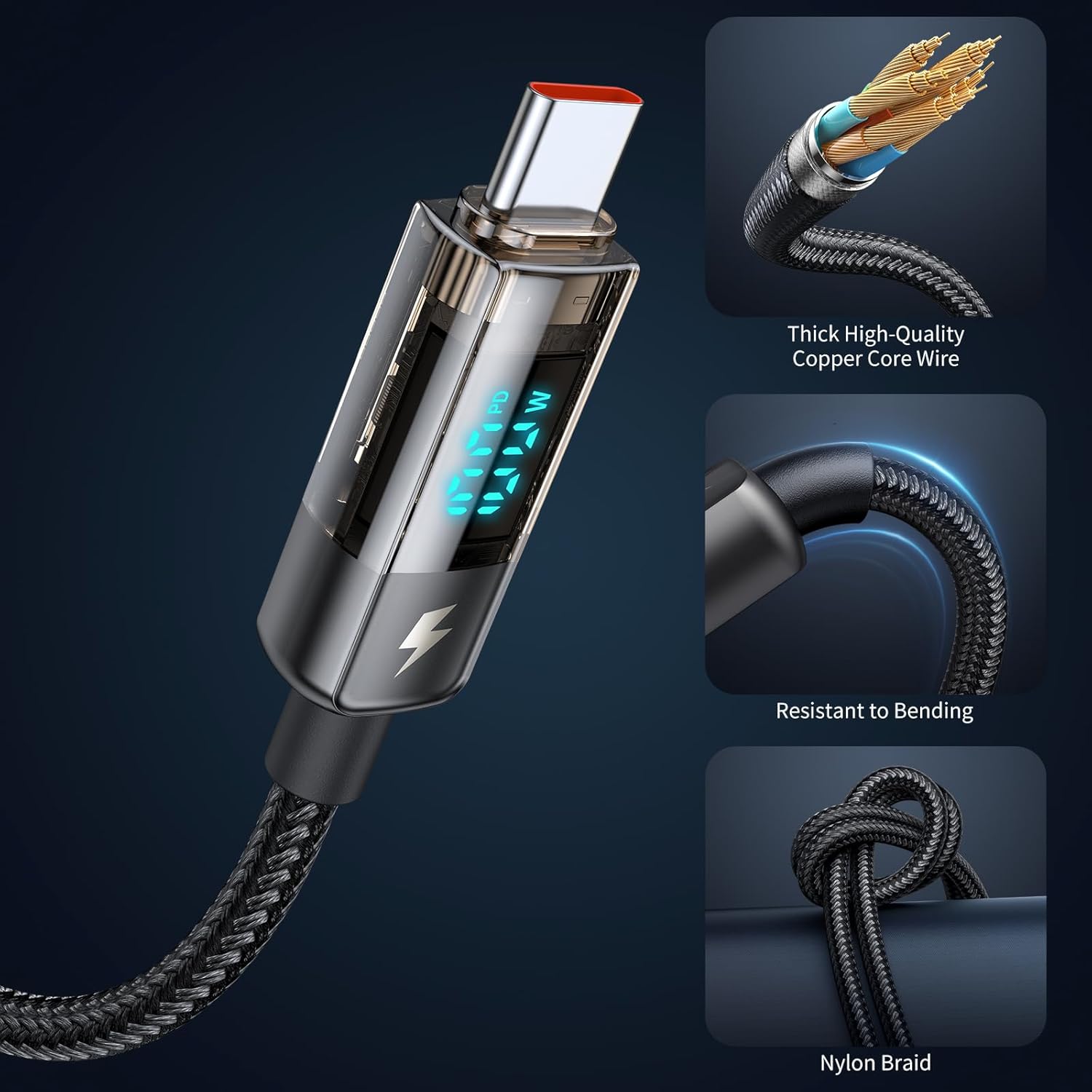mcdodo Cable de carga USB C a USB C, cable de datos transparente, PD de 100 W, cargador digital, apagado automático, protección de doble núcleo para