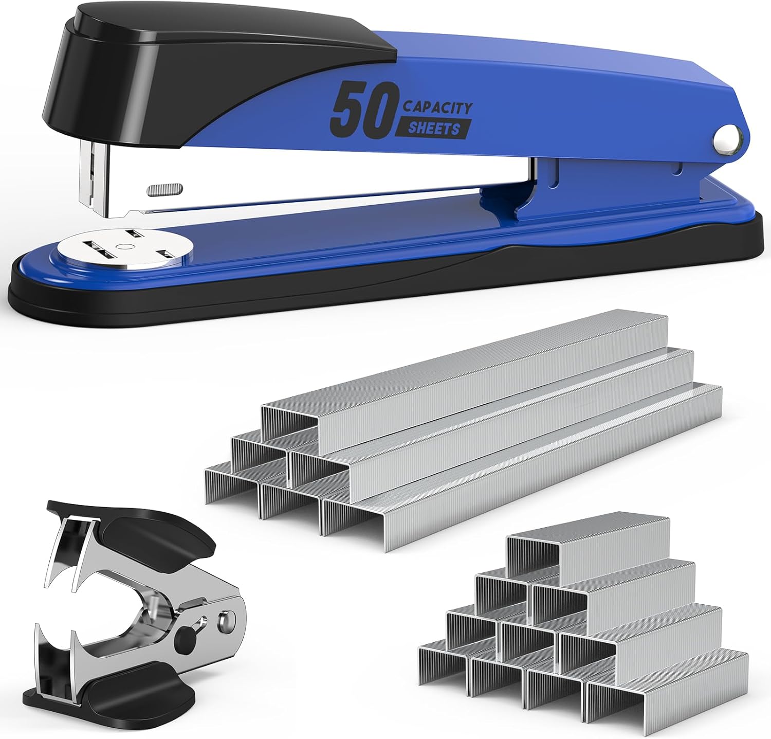 Engrapadora de metal resistente con capacidad de 50 hojas con 1750 grapas y removedor de grapas, engrapadora azul de tira completa para escritorio,
