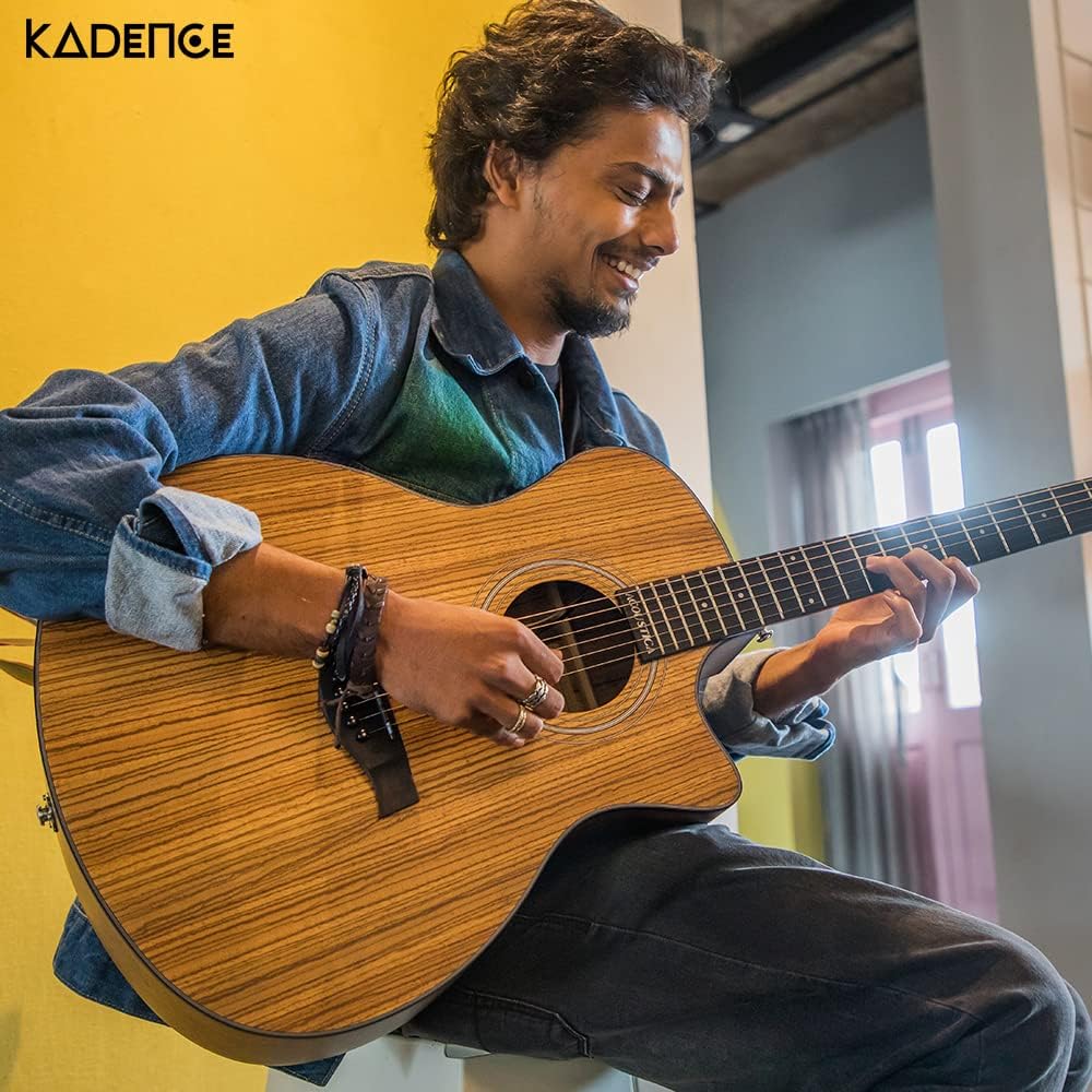 Kadence Acoustica Series – Guitarra electroacústica de madera (madera de cebra)  Guitarra electroacústica con pastilla, afinador integrado y bolsa