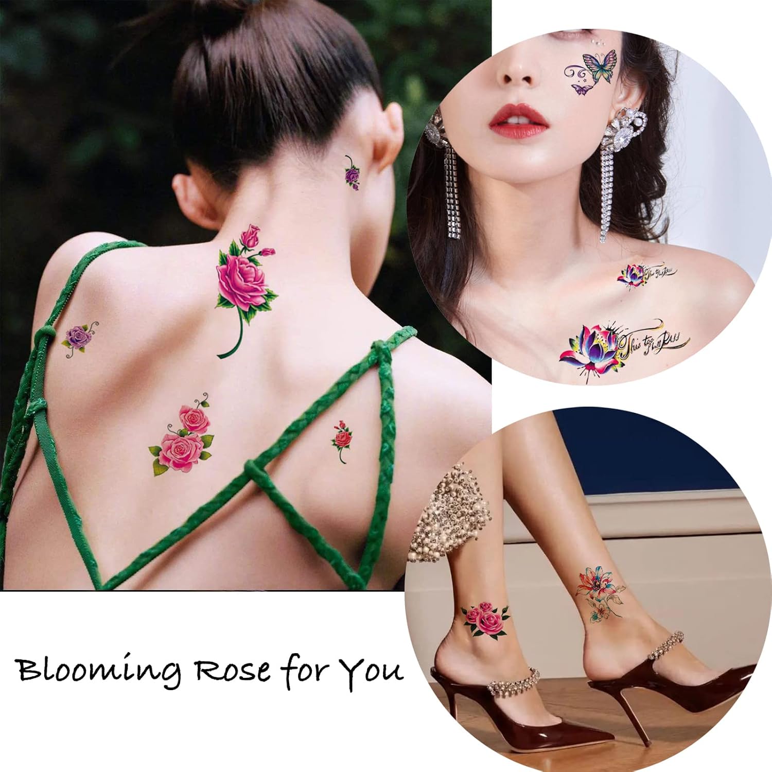 30 hojas de tatuajes temporales de rosas para mujeres y niñas, 3D de flores de mariposa sexy, calcomanías de tatuaje falsas, impermeables, arte