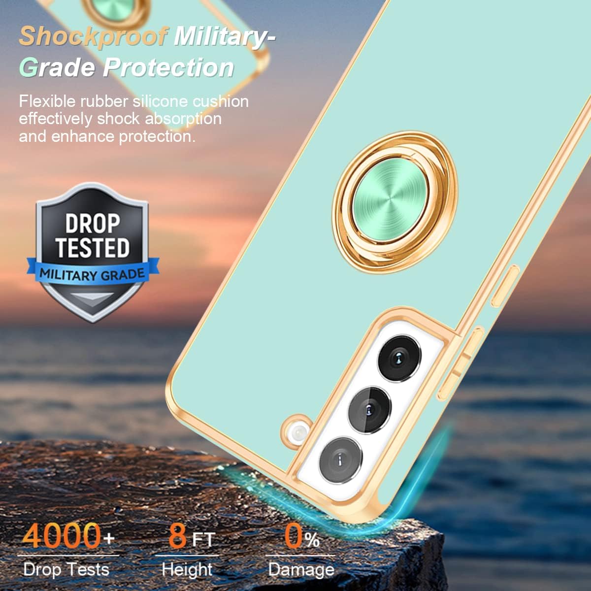 Fingic Funda para Samsung Galaxy S22, Galaxy S22 con soporte de anillo, soporte de anillo giratorio de 360 magnético borde dorado brillante Funda