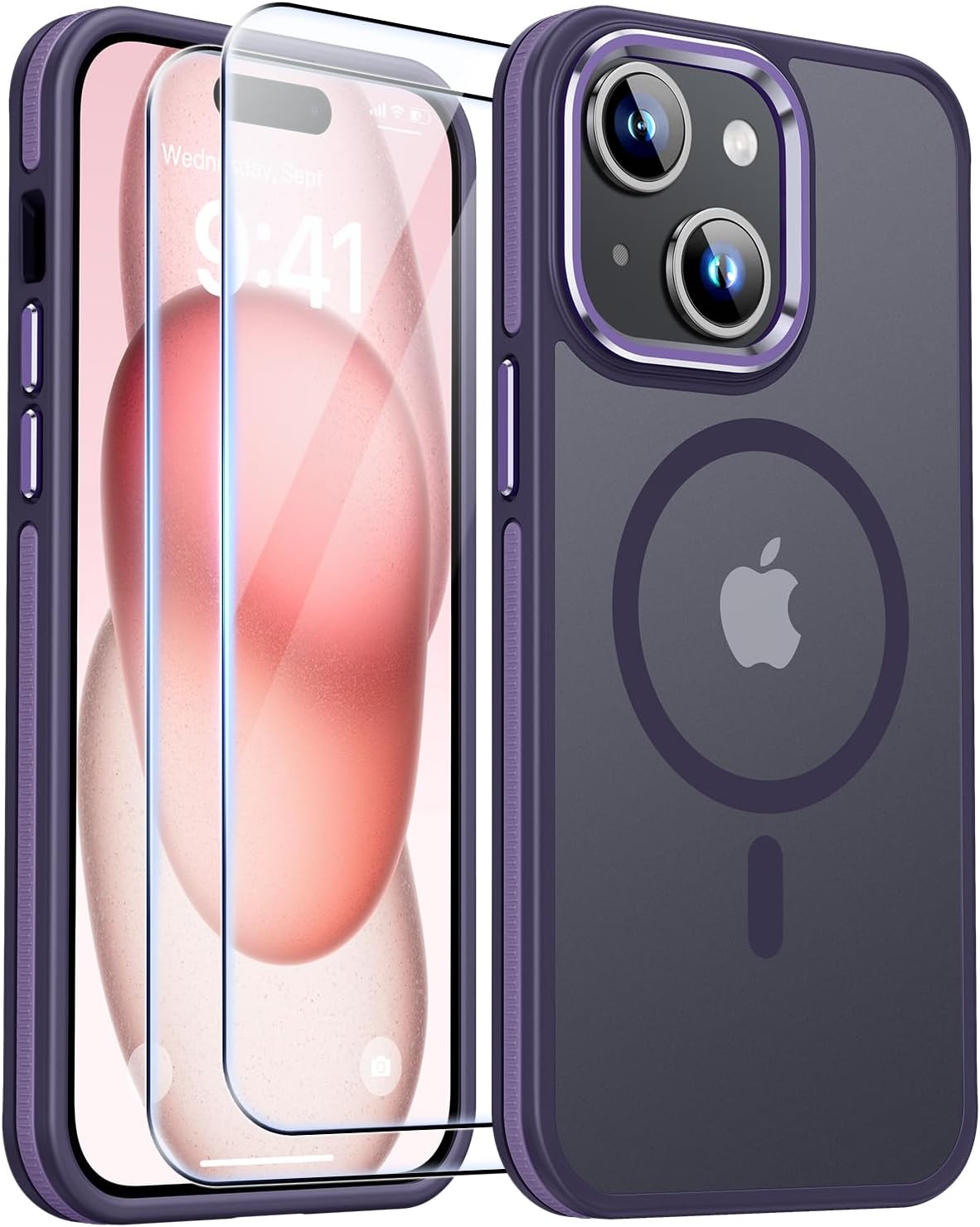 JAME Funda para iPhone 15, iPhone 15 con 2 protectores de pantalla de vidrio templado, compatible con Magsafe, protección de grado militar, funda