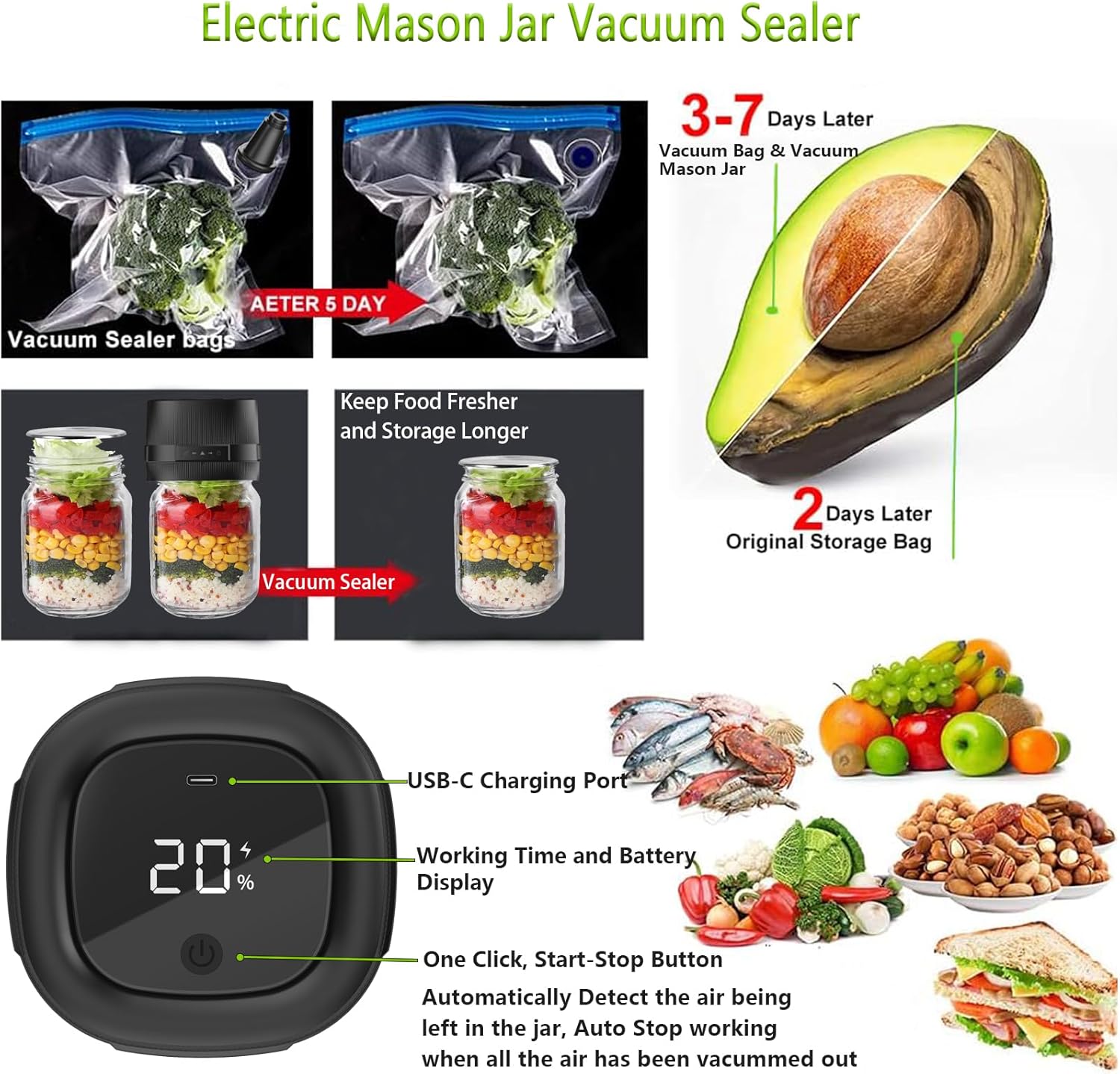 Sellador al vacío eléctrico para tarros de masón, sellador al vacío automático para tarros con tapas de boca ancha y regular, tarros de conservas 3