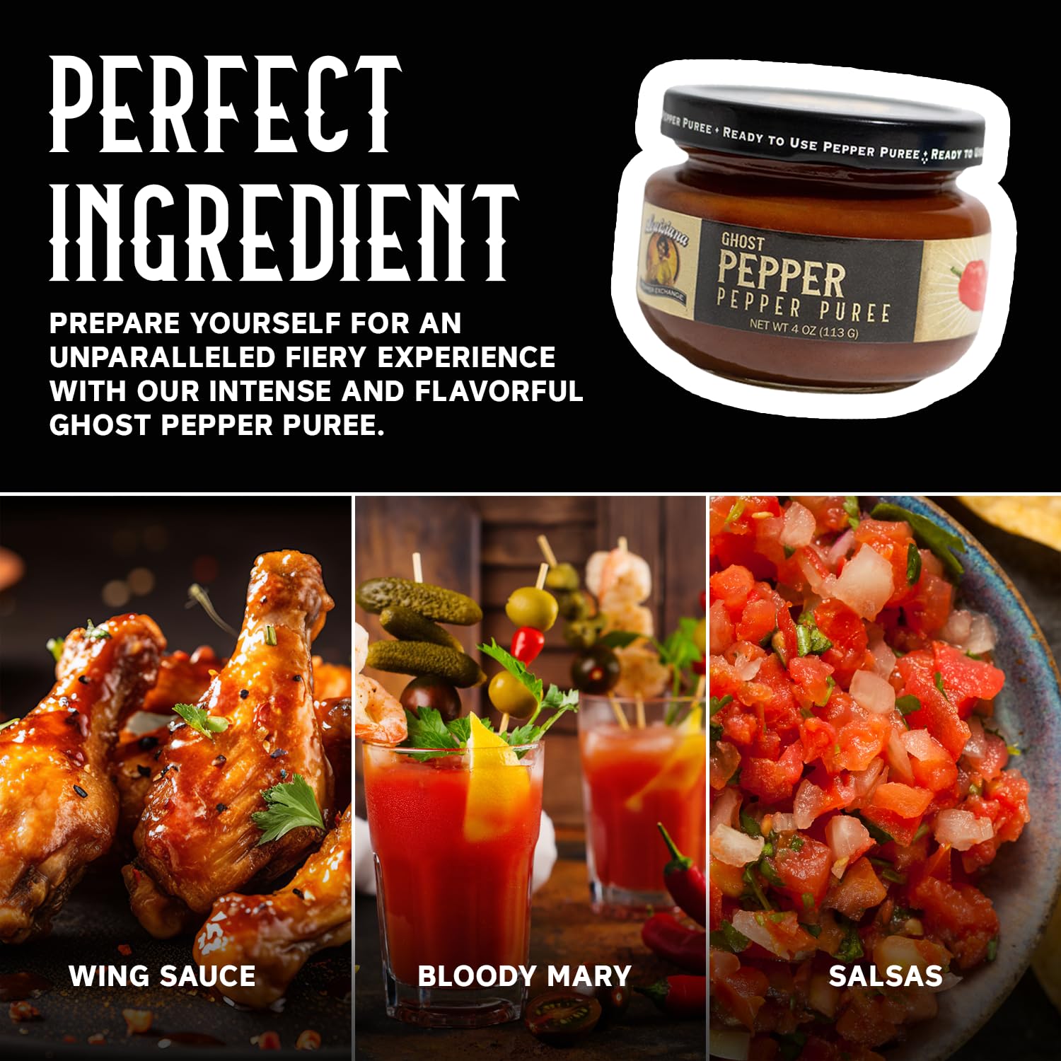 Louisiana Pepper Exchange Salsa de puré de pimiento fantasma, condimento picante de chile súper picante, a base de plantas, sin gluten, reemplaza el