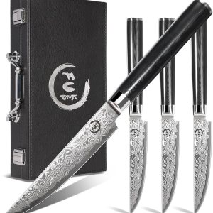 Fukep Juego de 4 cuchillos para carne, súper afilados de 5 pulgadas, juego de cuchillos de carne de damasco japoneses VG10 con núcleo de acero de 73 Fukep Juego de 4 cuchillos para carne, súper afilados de 5 pulgadas, juego de cuchillos de carne de damasco japoneses VG10 con núcleo de acero de 73