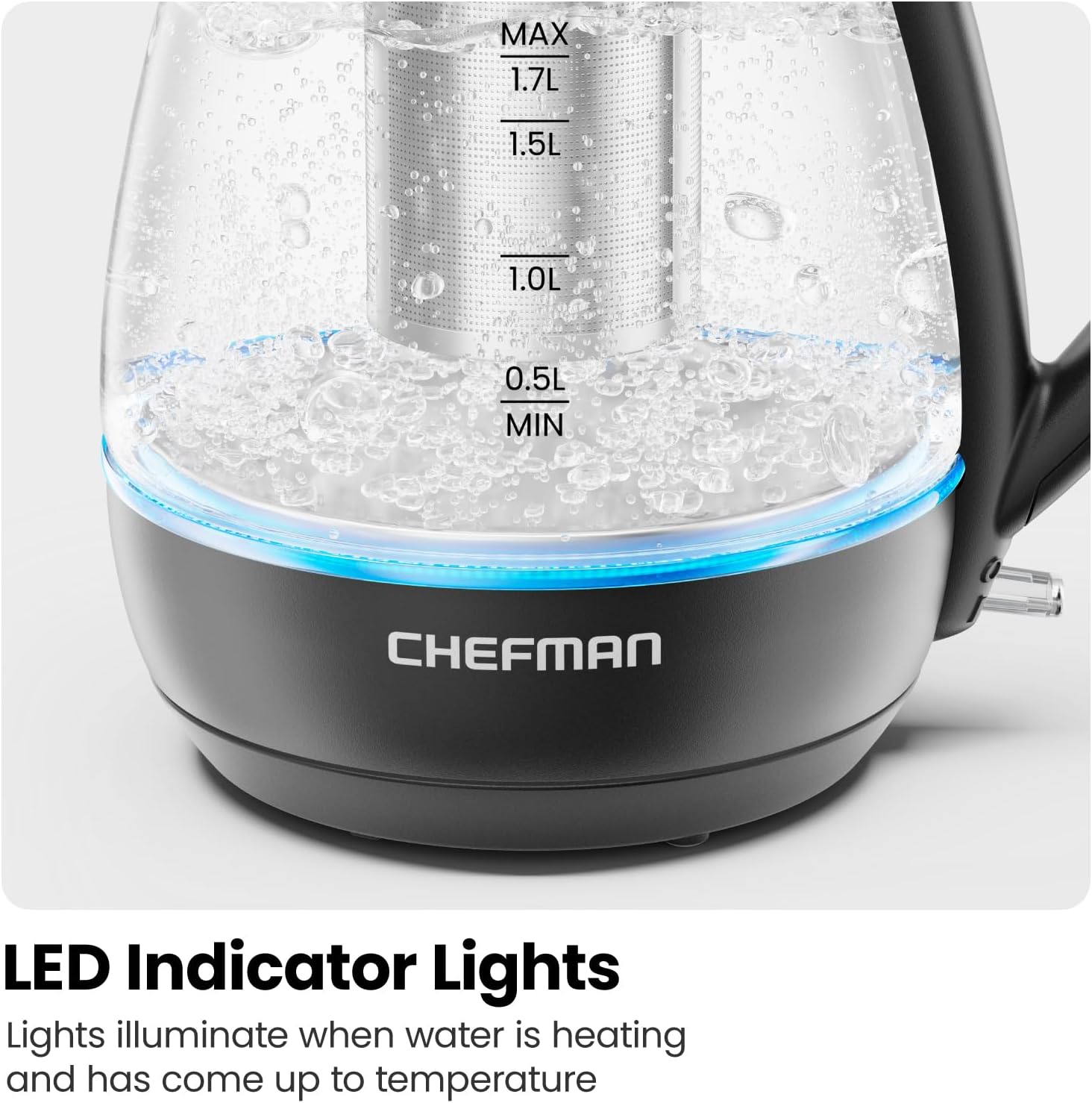 Chefman Hervidor eléctrico con infusor de té, 1.7L 1500W, tapa extraíble para una fácil limpieza, protección contra hervir en seco, filtro de acero