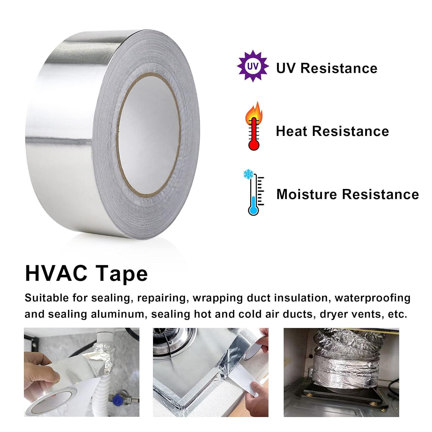 BOMEI PACK 1 rollo de cinta de papel de aluminio, cinta plateada de 3.6 mil x 2 pulgadas x 60 yardas, cinta adhesiva de metal aislante, cinta HVAC