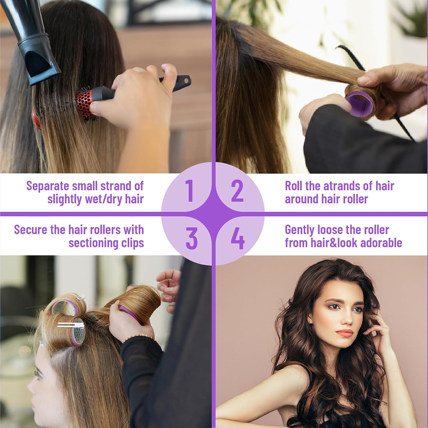 Hair roller set 24PCS, Velcro Rollers Curlers for Long Medium Short Hair, No Heat, Hair-friendly, Natural Effect, Includes 12 Self Grip Rollers &12