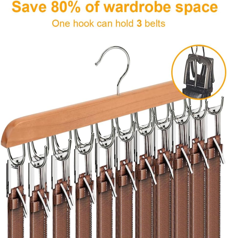 Percha de cinturón para armario con 20 ganchos máximo 60 cinturones, colgador de madera resistente para corbata y cinturón, ahorro de espacio,