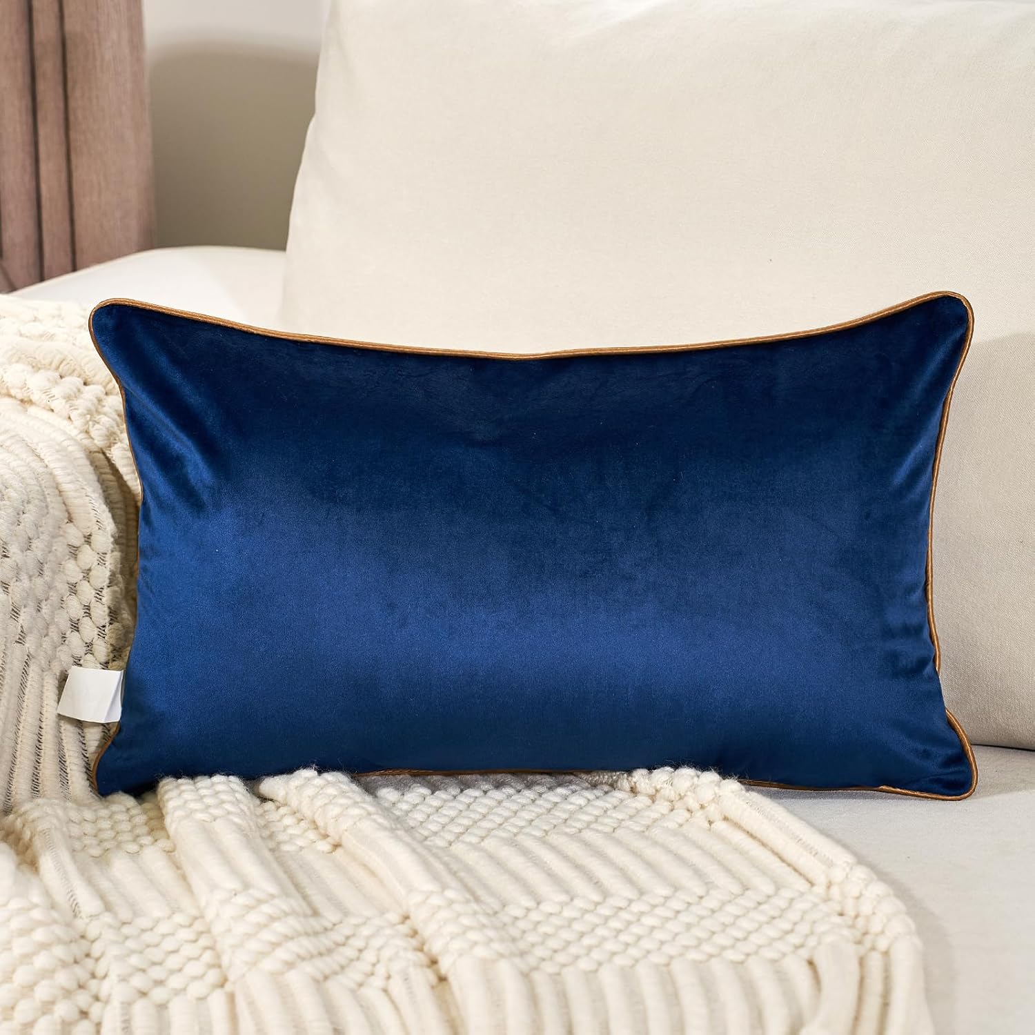 Aeckself Funda de cojín de terciopelo bordada de terciopelo de 12 x 20 pulgadas, color azul marino y dorado, funda de cojín rectangular moderna de