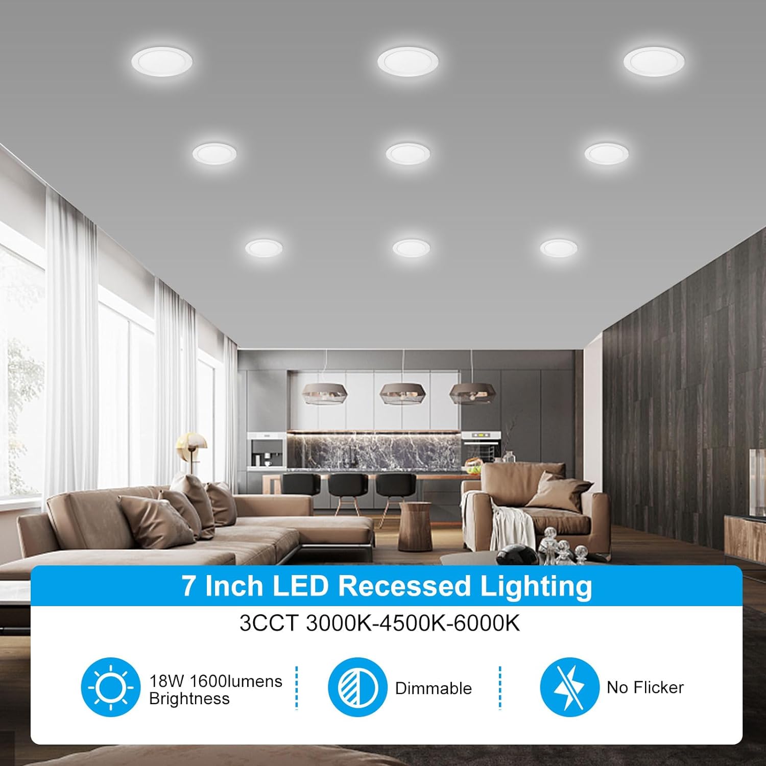 Paquete de 6 luces empotrables LED ultrafinas 3CCT de 7 pulgadas con caja de conexiones, 3000 K4500 K6000 K seleccionables, 18 W Eqv 125 W, luz