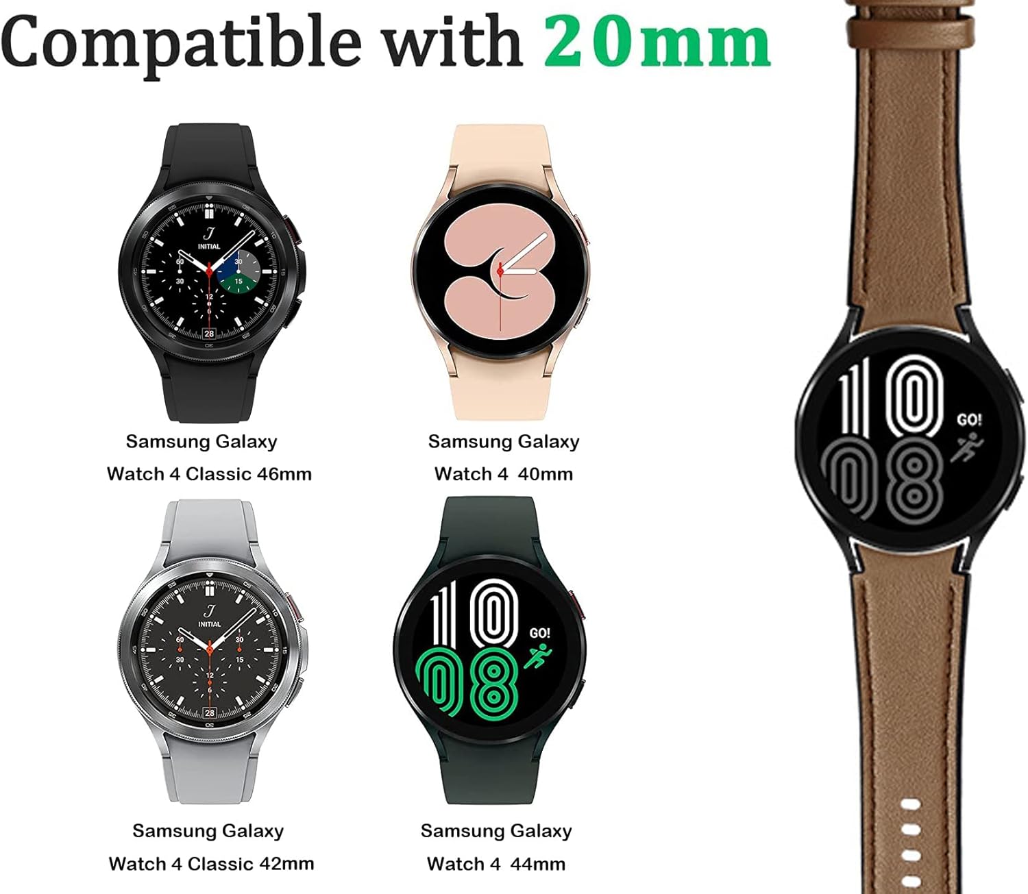 VQ – Correas de piel sintética compatibles con Samsung Galaxy Watch 4 Band 1.575 in 1.732 in, 0.787 in, correa de repuesto deportiva ajustable,