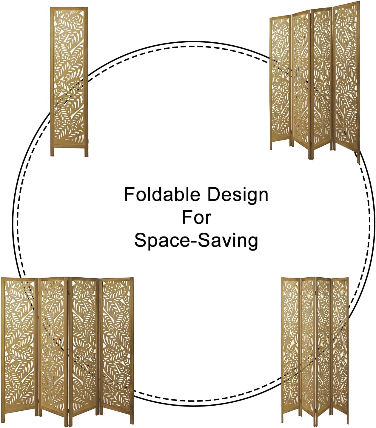 Divisor de habitación de 4 paneles, separadores de habitación de madera recortada y pantallas de privacidad plegables, separación de habitación