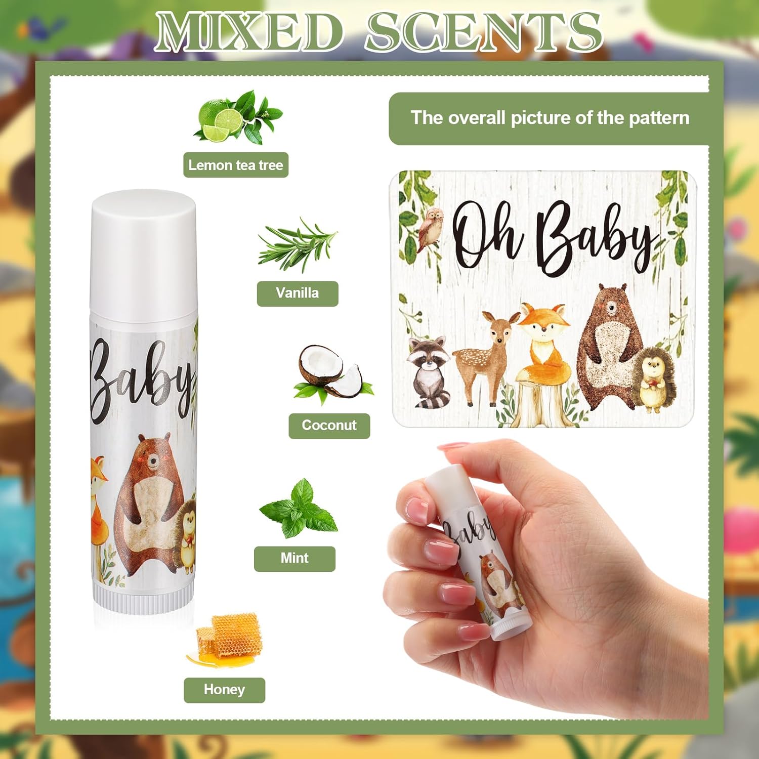 Fumete Paquete de 50 bálsamos labiales a granel de animales del bosque, regalos de fiesta de baby shower, regalos para invitados, niños y niñas,