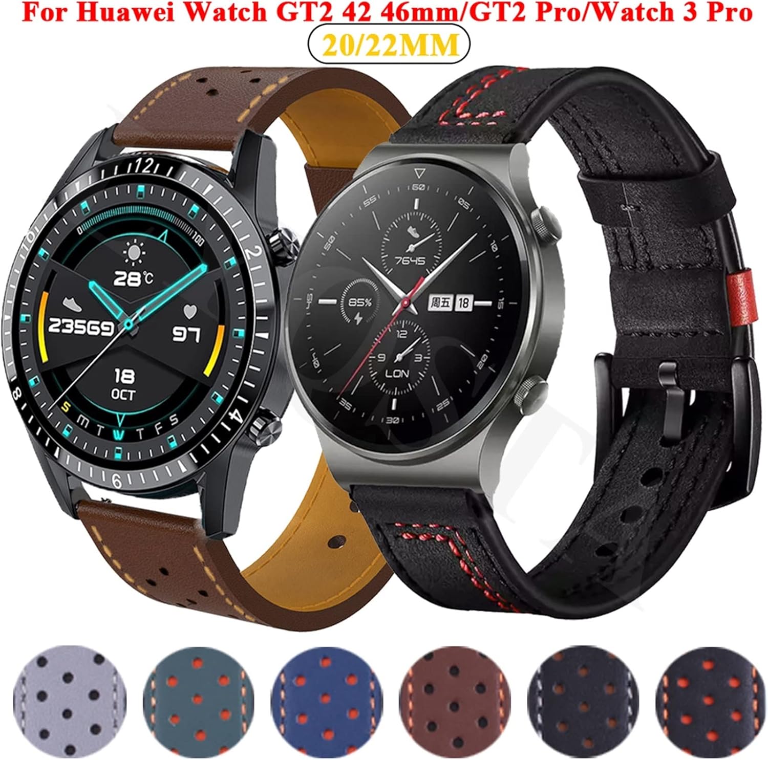 Leather Strap For Huawei GT 2 GT2 Pro 42 46mm Wrist Strap Replacement Bracelet Compatible with most watches with 20MM 22MM straps