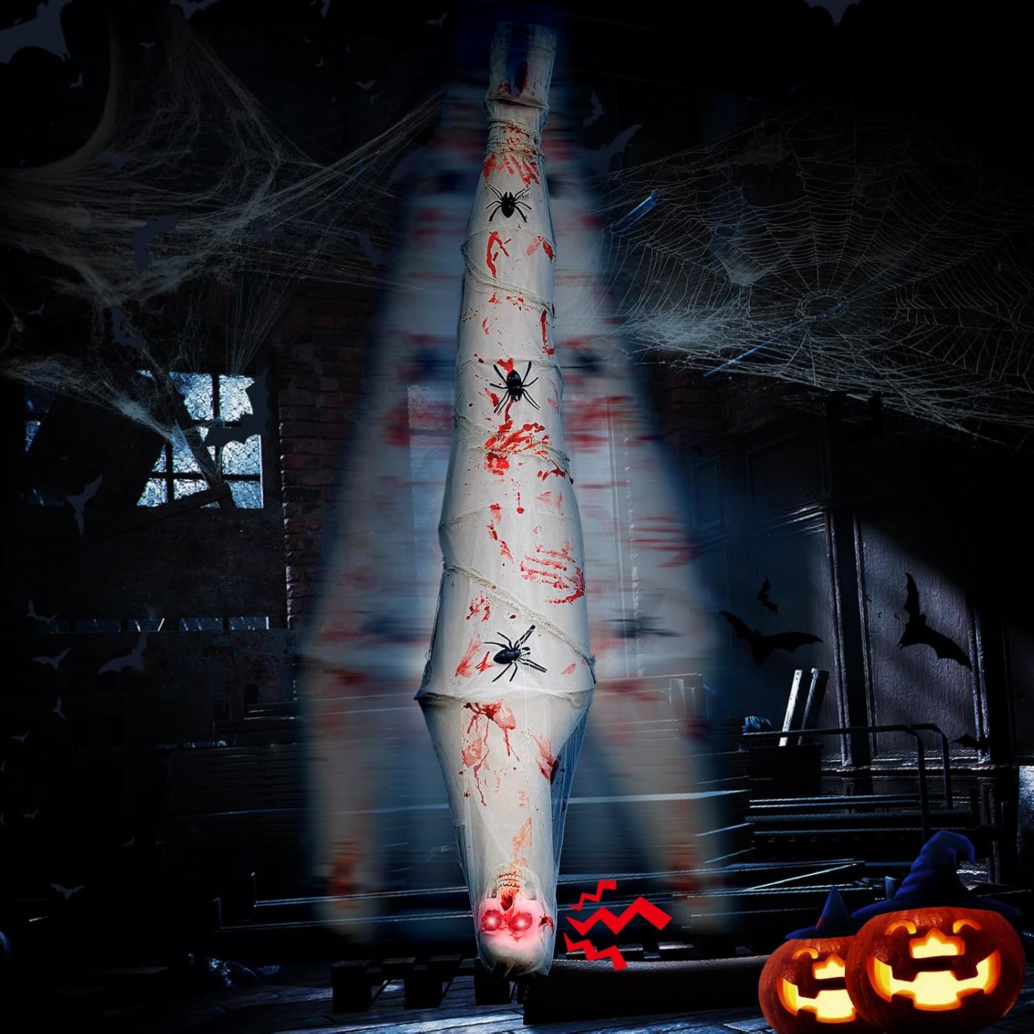 Decoración de Halloween colgante de fantasma de cadáver de capullo, ojo de luz LED roja y cadáver de capullo de sonido espeluznante para decoración