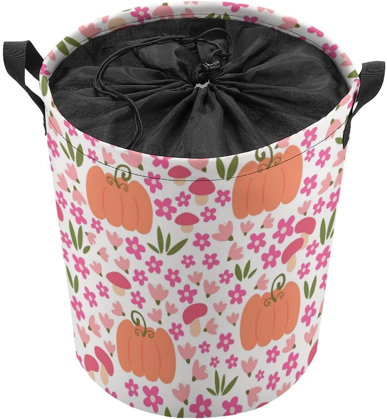 Cute Pink Pumpkin Flowers Laundry Basket with Drawstring Colorful Waterproof Collapsible Dirty Clothes Hamper Storage Baskets for Bathroom Dorm Toy