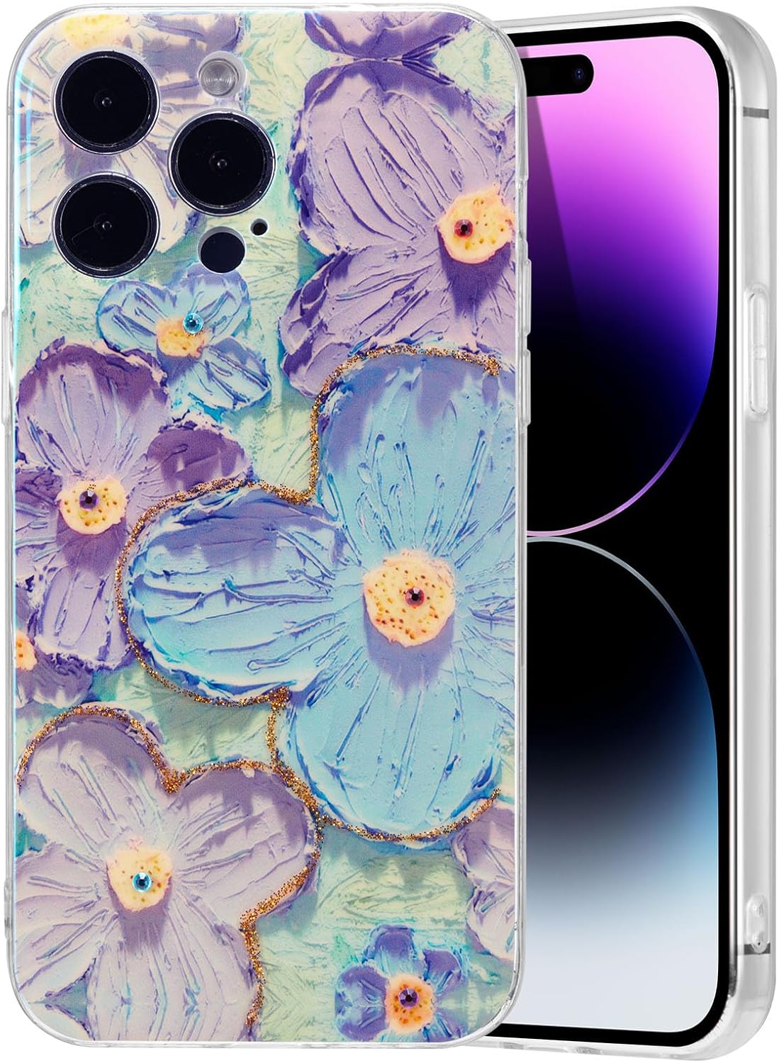 EYZUTAK Funda para iPhone 13 Pro Max, colorida pintura al óleo retro flor patrón brillante láser lindo exquisito floral flor funda protectora