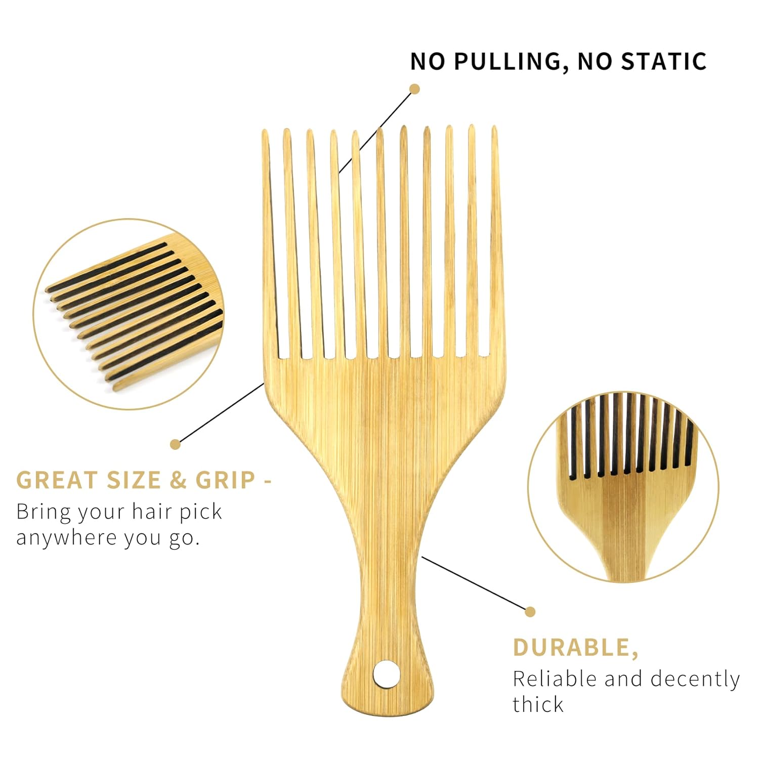 Afro Pick – Peine de pelo antiestático de bambú natural para cabello largo, grueso, rizado, para desenredar los dientes largos, gruesos y rizados,