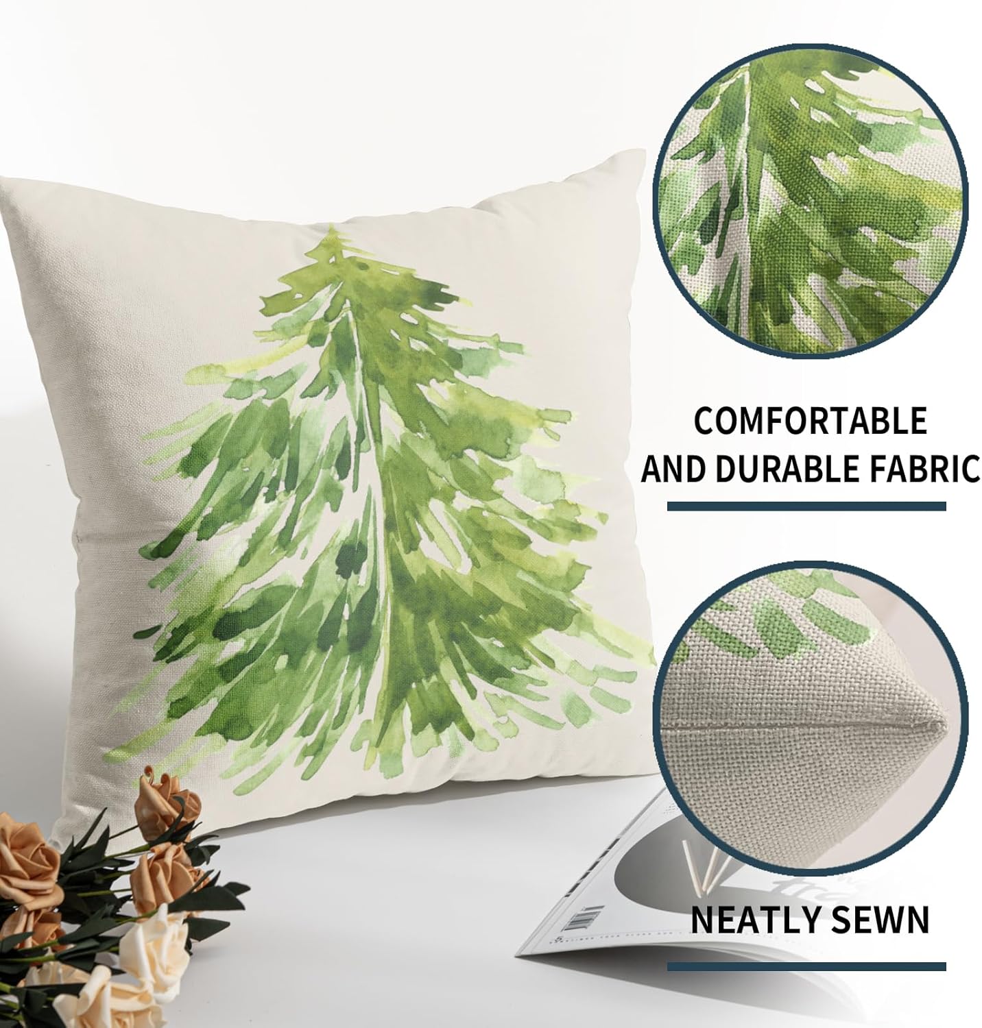 Juego de 2 fundas de almohada de árbol de Navidad en acuarela de 18 x 18 pulgadas, diseño rústico de pino verde con estampado de pinos para