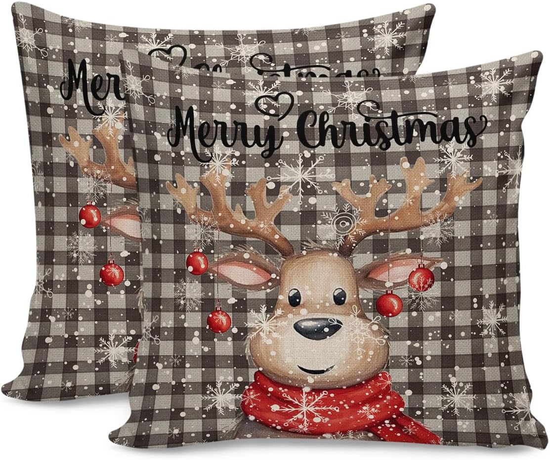 Juego de 2 fundas de almohada navideñas de 18 x 18 pulgadas, fundas de cojín decorativas de reno, fundas de almohada suaves, fundas de almohada