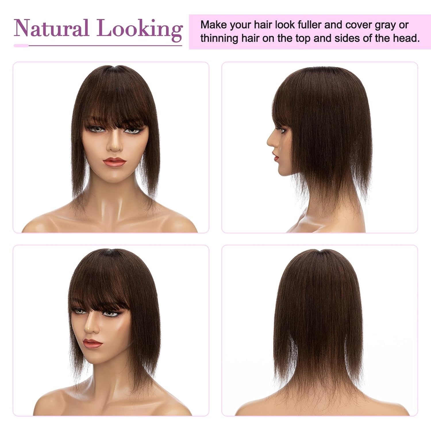 Toppers de cabello humano real para mujer, con cabello delgado, 100% cabello humano con flequillo, 2.7 x 5.1 pulgadas, 150% densidad, piezas de