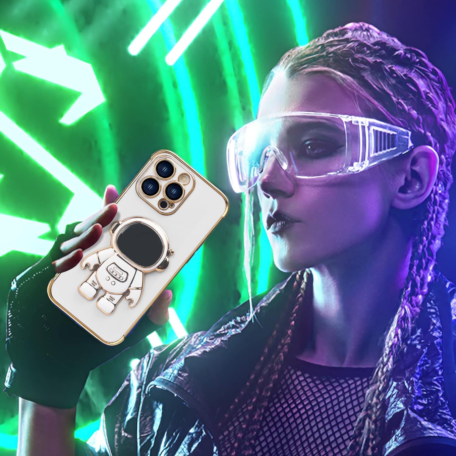 Omio – Funda compatible con iPhone 15 Pro Max con soporte oculto de astronauta, funda de lujo chapado en corazón con borde lateral, pequeño patrón