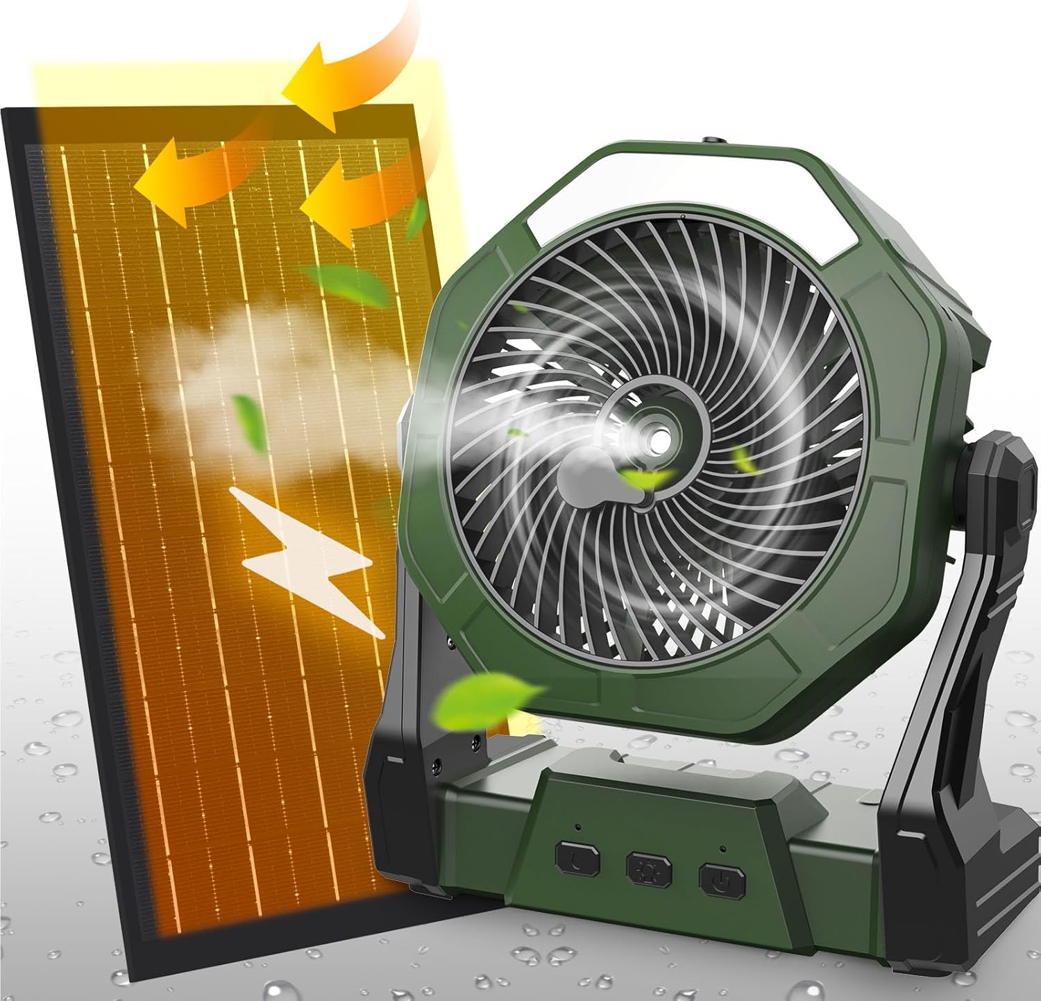 Ventilador solar de niebla de 10 W, ventilador de campamento de 10000 mAh portátil con panel solar y tanque de agua de 8.5 fl oz, ventilador de