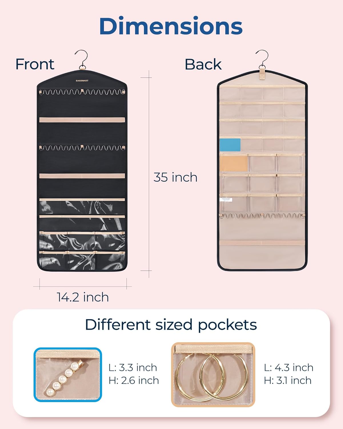 BAGSMART Organizador de joyas colgante con ganchos de metal, soporte de joyería de doble cara para organizar aretes, collares, anillos, perfecto