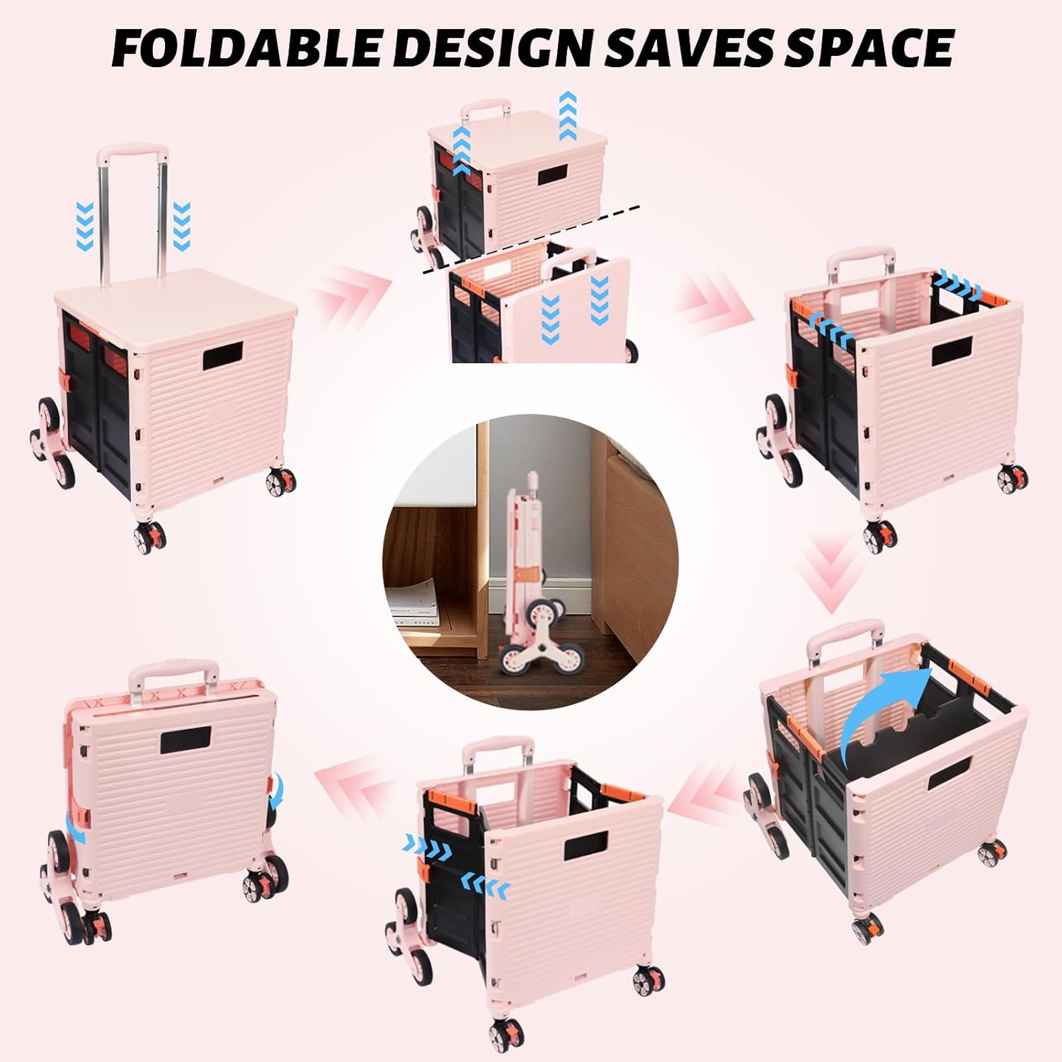 FELICON SELORSS – Carrito plegable portátil con ruedas para subir escaleras y ruedas giratorias de 360, mango telescópico, caja de plástico para