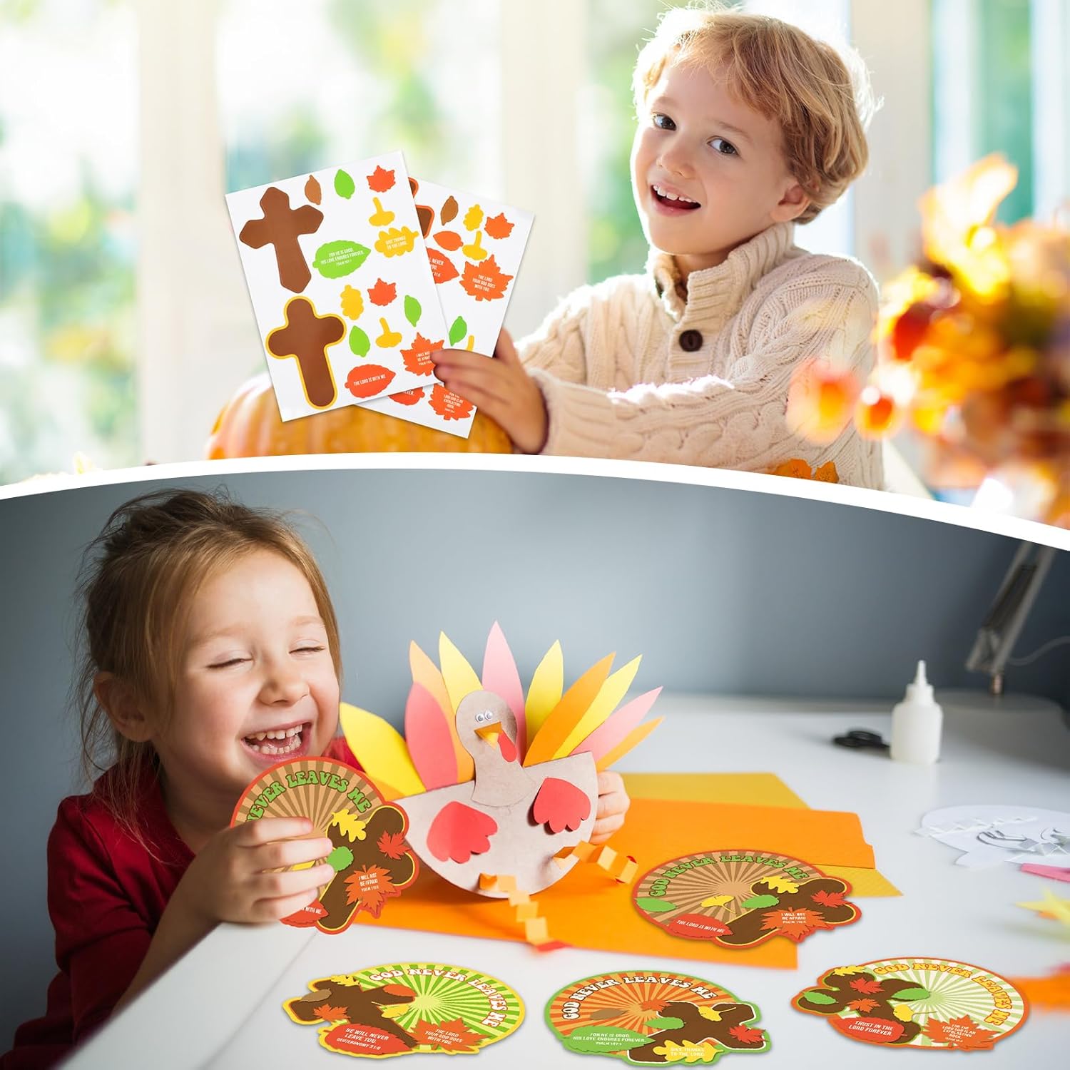 Juego de 24 kits de manualidades religiosas de otoño de Acción de Gracias para niños, kit de manualidades con cruz cristiana Dios nunca me deja con