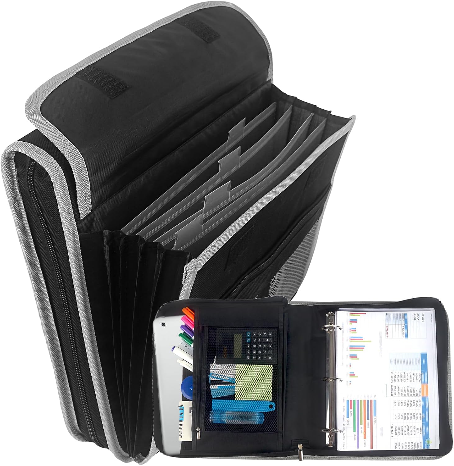 Jacng Carpeta con cremallera de 3 anillas con archivo expandible, carpeta de negocios con múltiples bolsillos, organizador de suministros de oficina