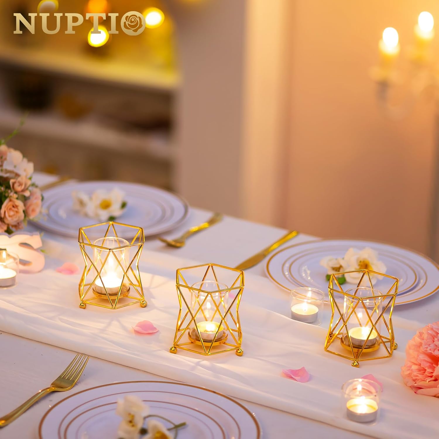 NUPTIO Portavelas geométricos dorados 6 piezas de mesa de té de boda con taza votiva de vidrio a granel moderno geométrico candelita portavelas para
