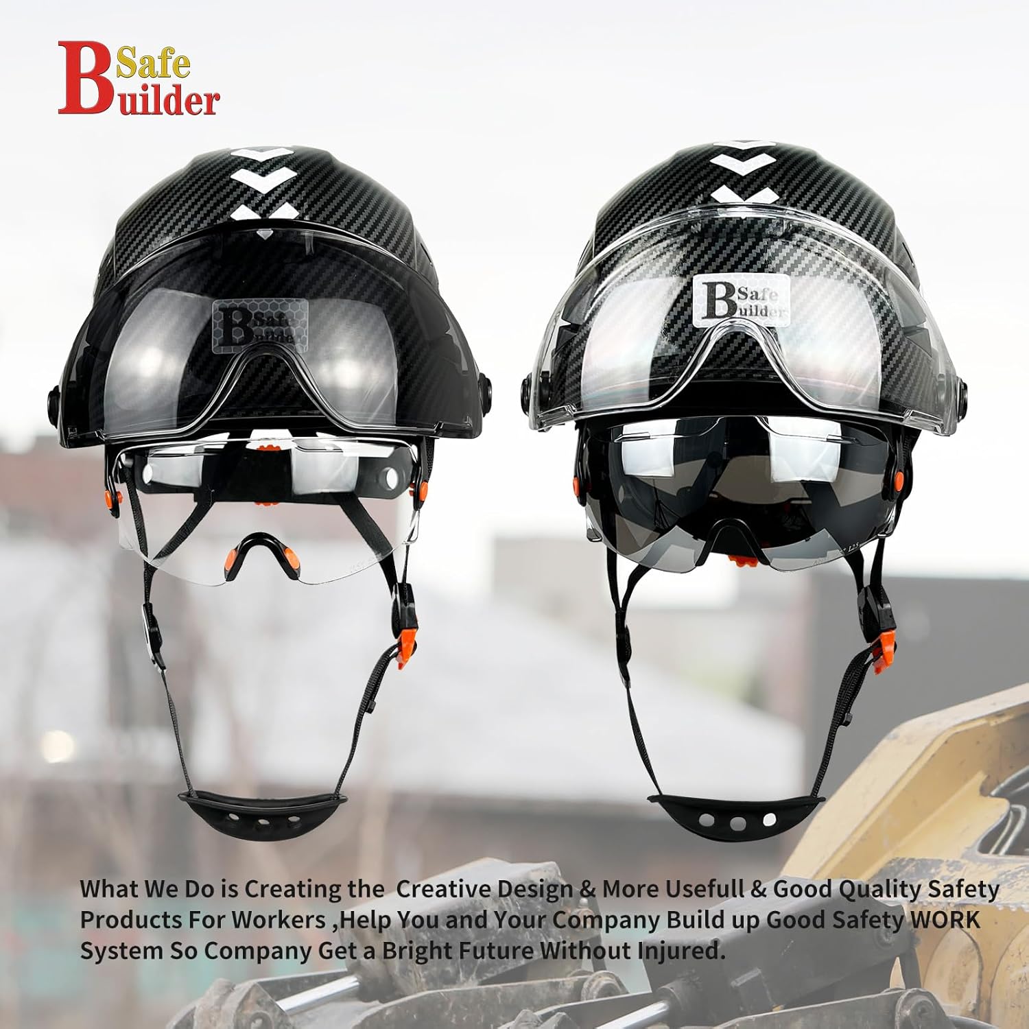 CR06X+2V Casco de seguridad de construcción con visera incorporada, casco duro ABS con visera, patrón de fibra de carbono ventilado, certificado