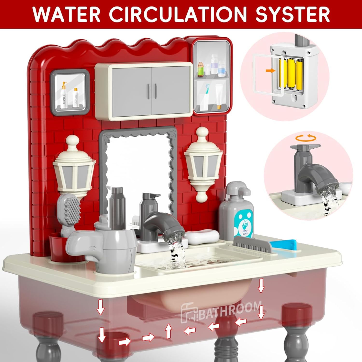 Lucky Doug Juguetes de fregadero de juguete para niños, lavabo de baño con agua corriente, juego de tocador con espejo y taburete para niñas de 3,