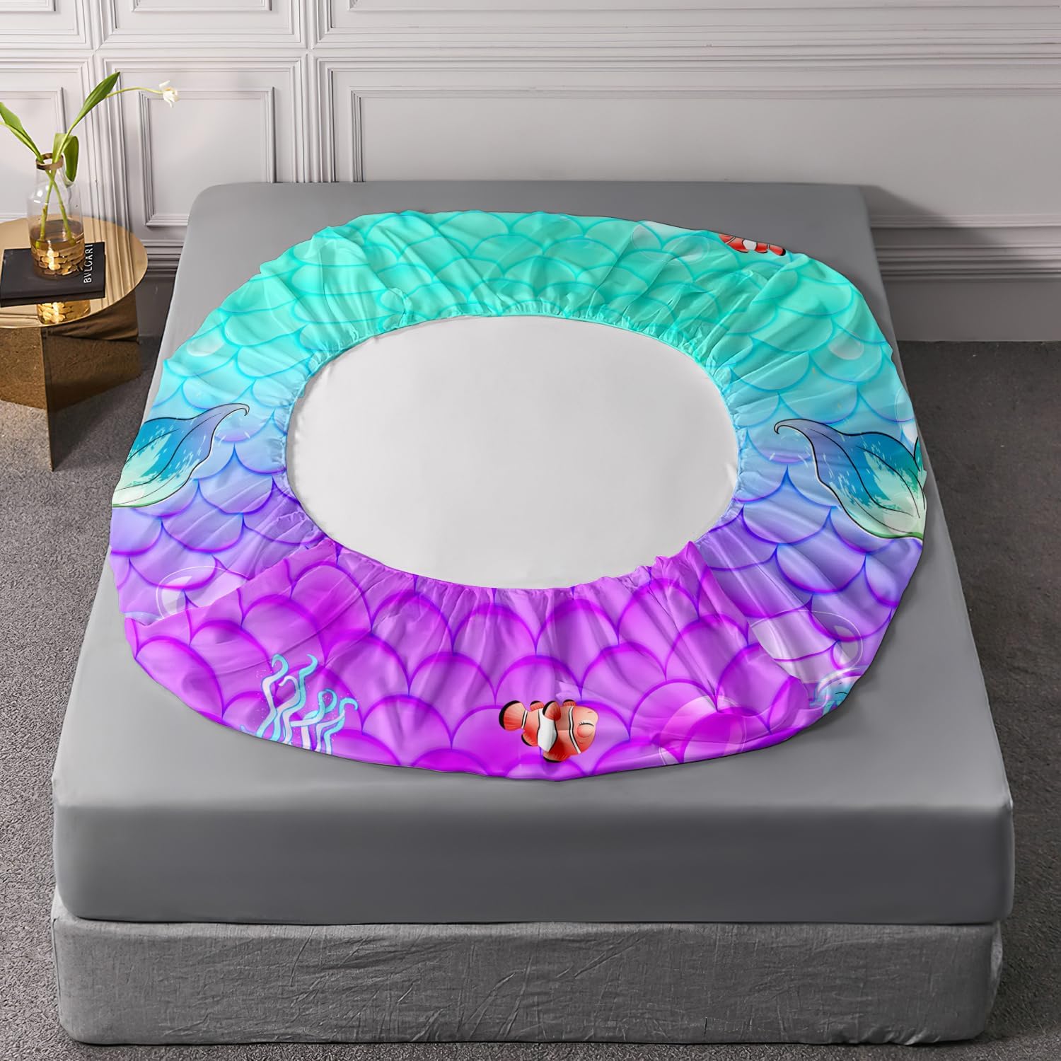 AILONEN Bonita sábana bajera ajustable de sirena de dibujos animados, tamaño individual, hermoso juego de sábanas con temática de medusa para niños