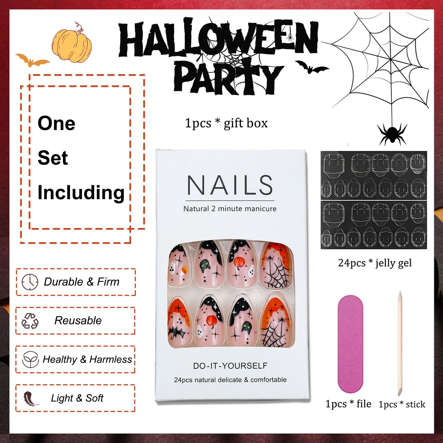 24 uñas de Halloween, puntas francesas, uñas acrílicas a presión, uñas postizas cortas en forma de almendra, lindas calabazas, murciélagos,