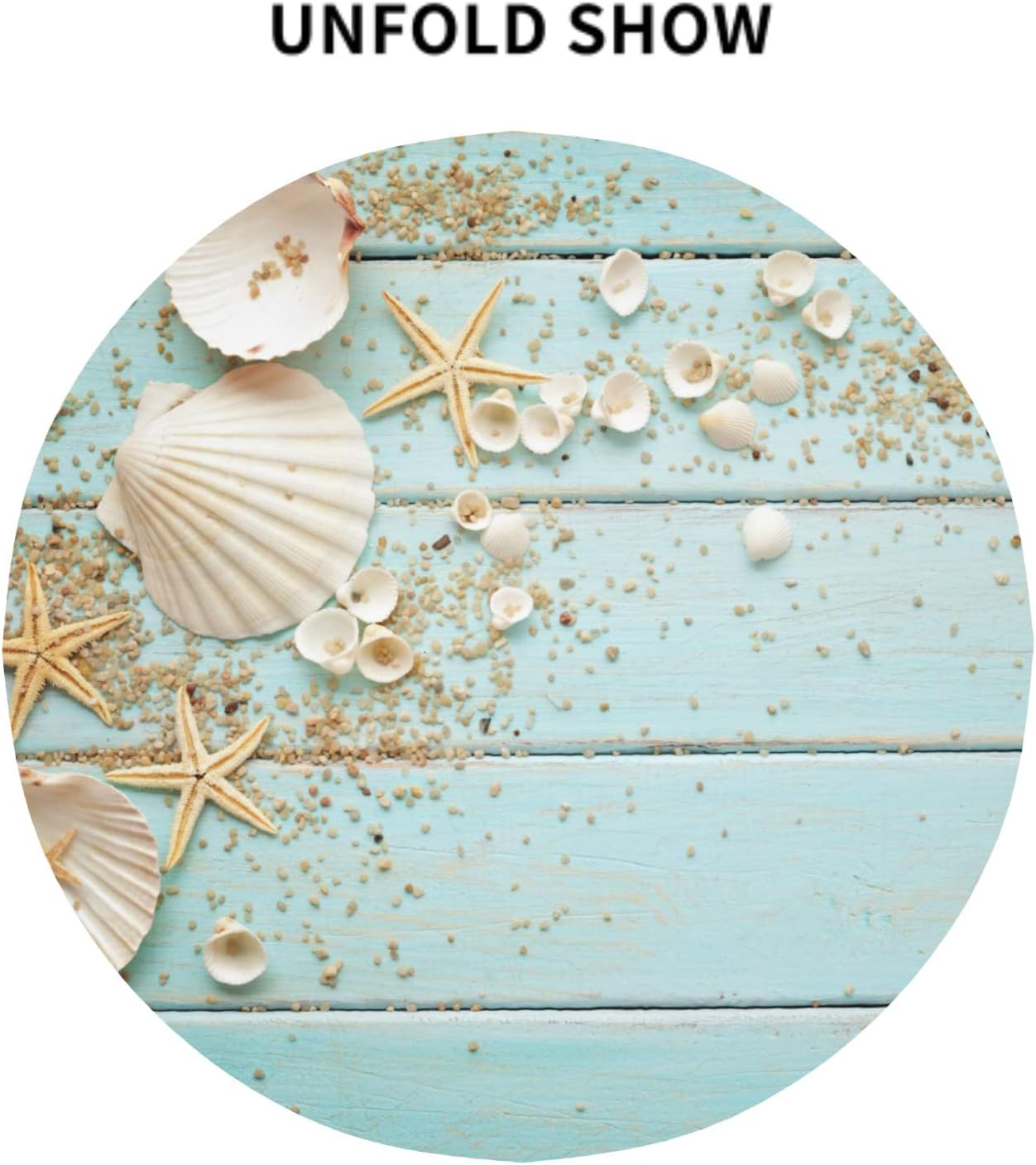 Giwawa Mantel redondo de conchas marinas, diseño de estrella de mar sobre tablero de madera azul, diseño de playa costera, 60 pulgadas, para