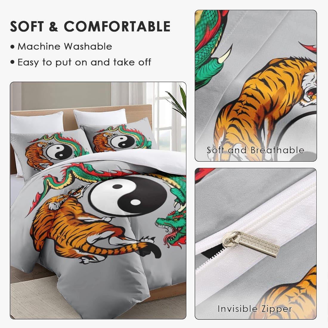 Juego de funda de edredón, juego de ropa de cama china japonesa de tigre dragón para niños y adultos, decoración de dormitorio de animales