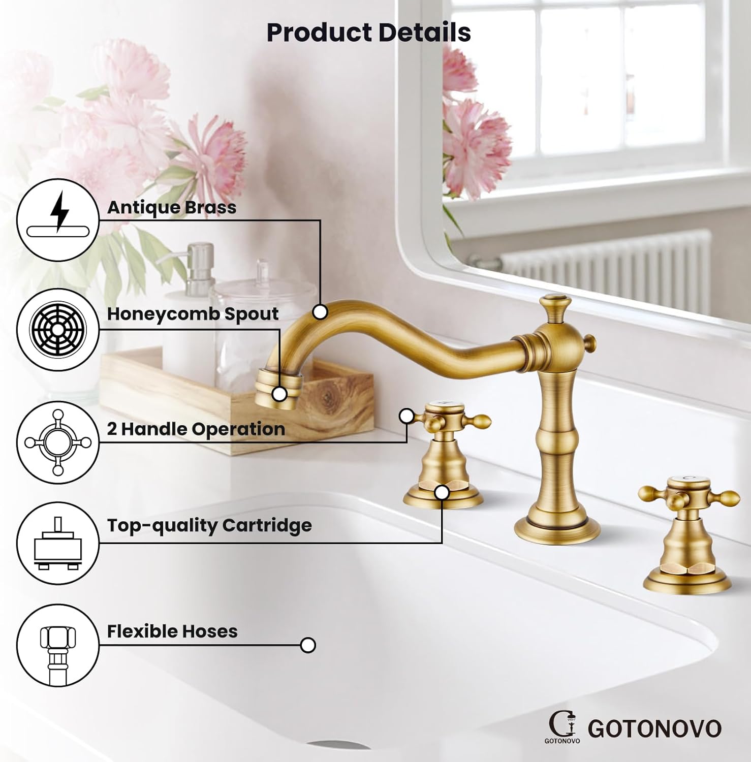 gotonovo Pomos cruzados dobles de latón antiguo, grifo mezclador de dos manijas de 3 agujeros con desagüe emergente para fregadero de baño, montaje