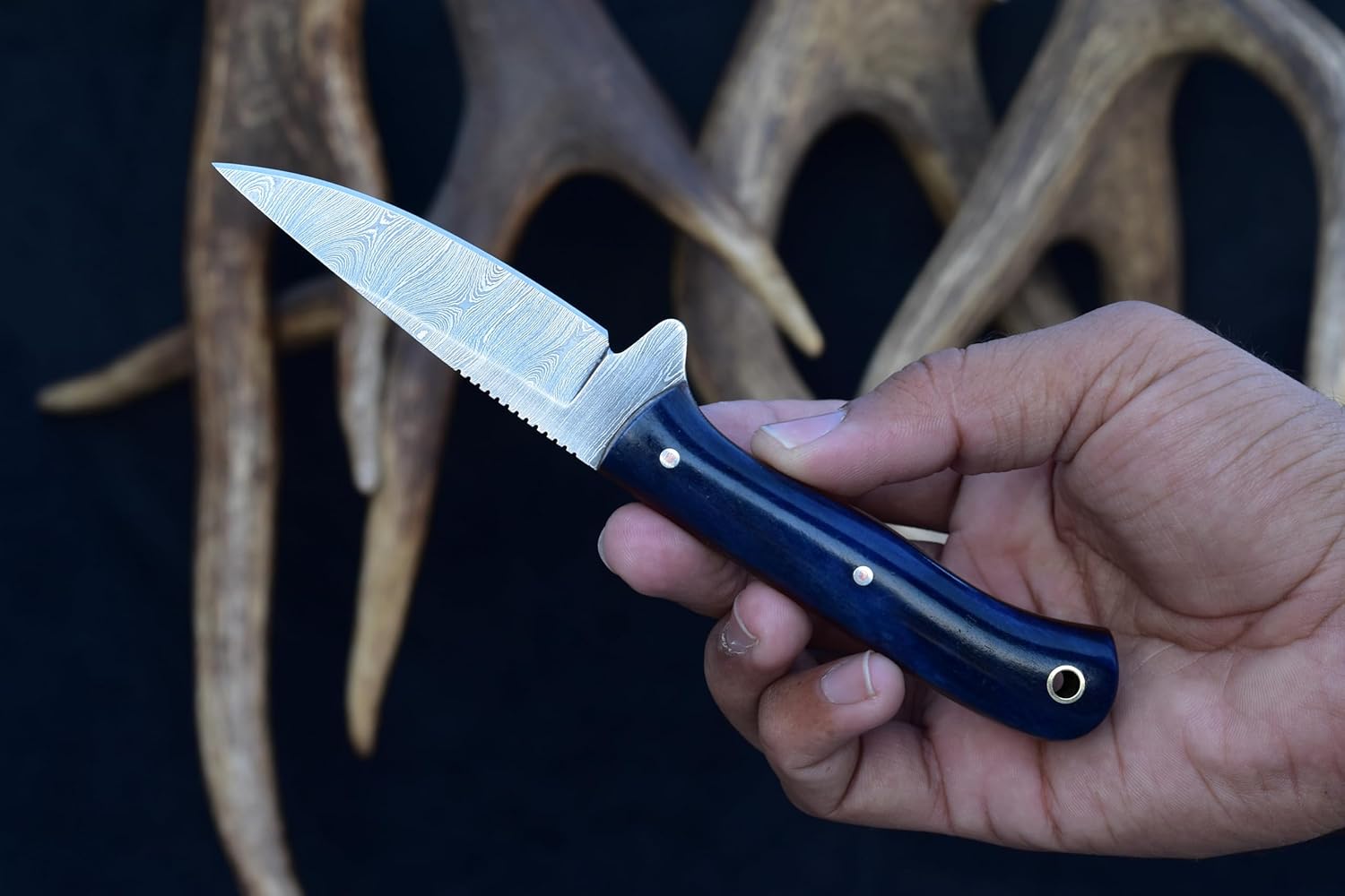 Knives Ranch Cuchillo EDC de hoja fija de 7 pulgadas, cuchillo de caza, acero de damasco, espiga completa, mango de hueso, funda de cuero de