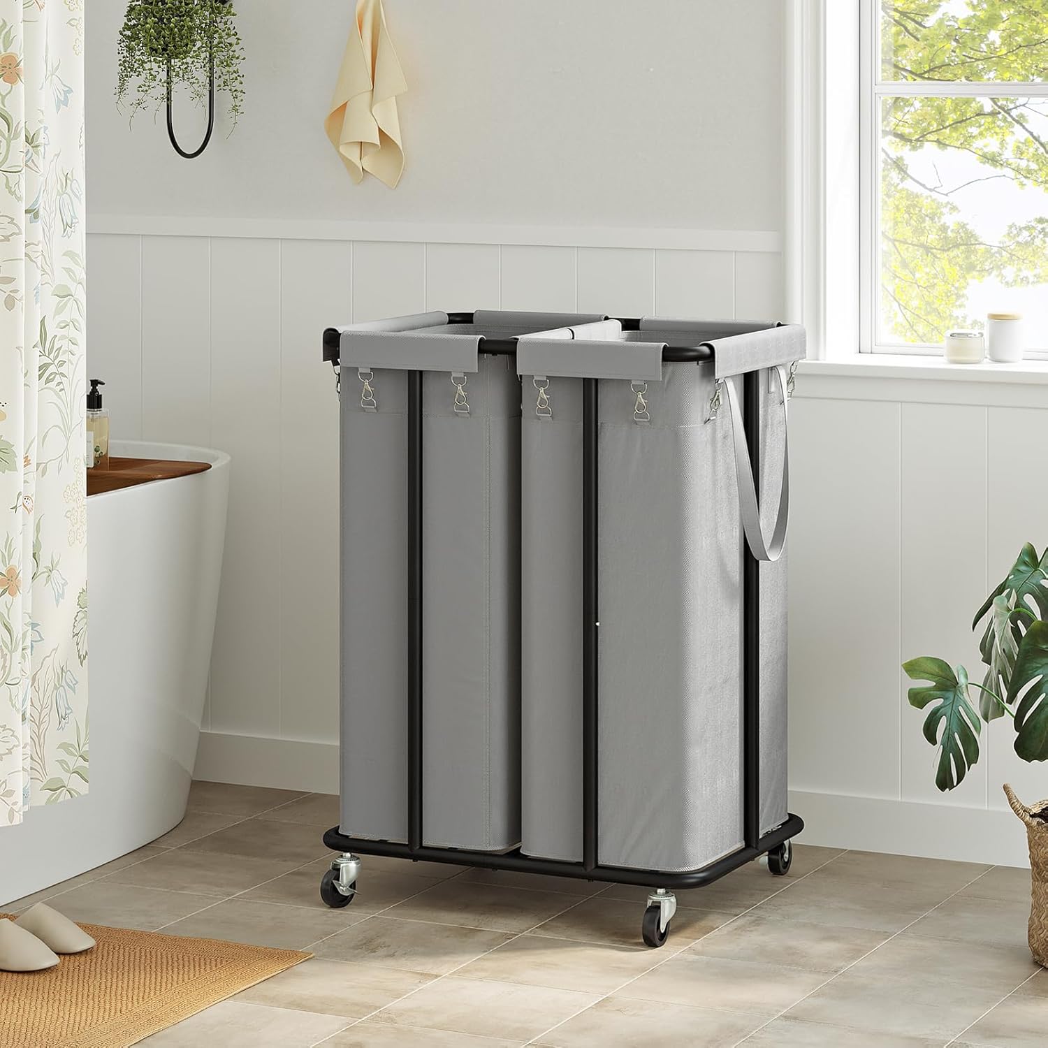 WOWLIVE Cesta de lavandería doble con ruedas de 170 L, cesta organizadora de lavandería con marco de acero y bolsas extraíbles, cesta grande para